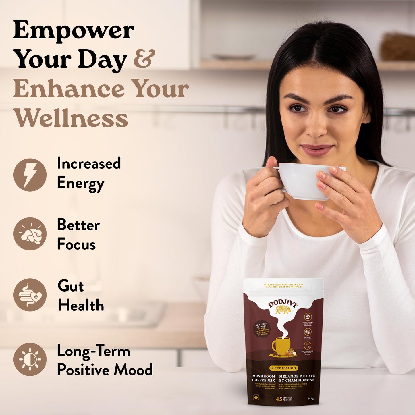 Dodjivi Organic Mushroom Coffee Instant Packets, Arabica Coffee Powder with Reishi mushroom, Lion's mane, Chaga,Turkey Tail for Better Focus, Energy