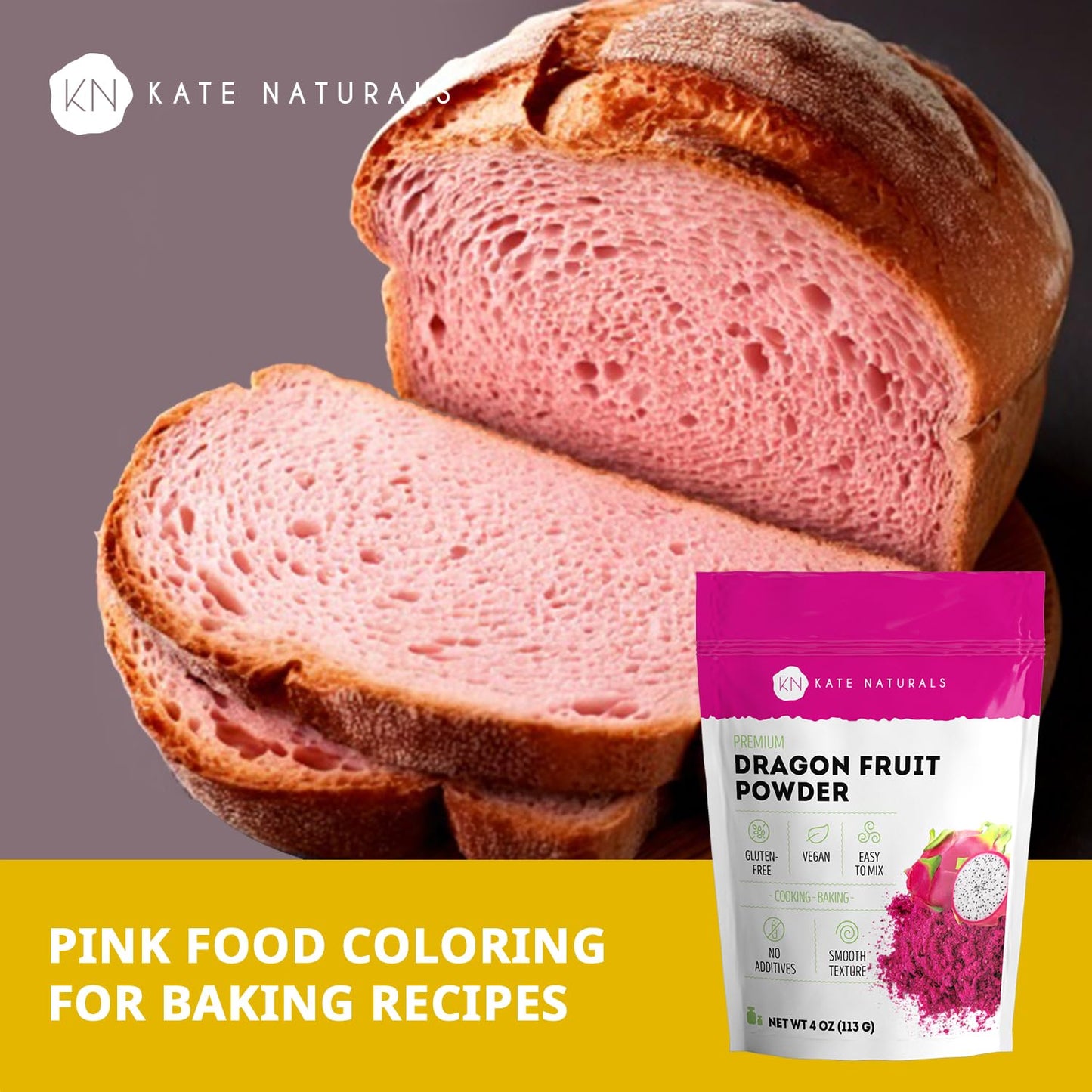 Kate Naturals Dragon Fruit Powder for Baking & Drinks (4oz). Vegan, Gluten Free Dried Pink Pitaya Powder for Dragonfruit Syrup, Smoothies & Food
