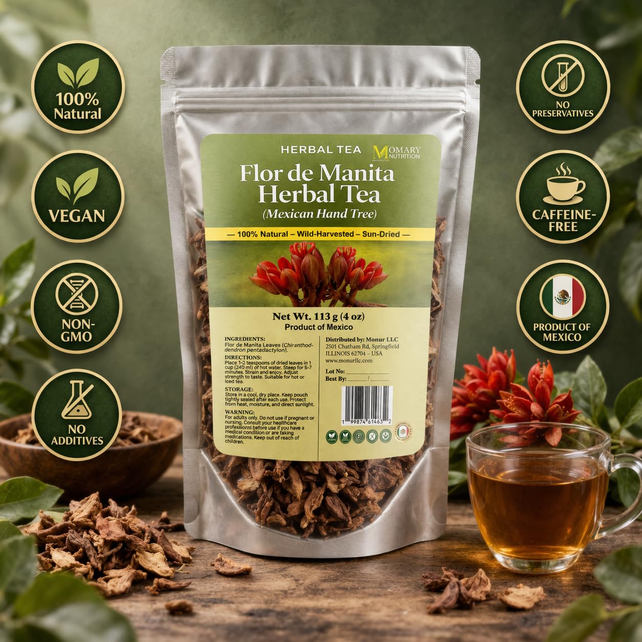 Flor de Manita Herbal Tea - Mexican Hand Tree (Chiranthodendron pentadactylon) - Net Wt. 113g (4oz) - 100% Natural, Sun-Dried, Wildcrafted