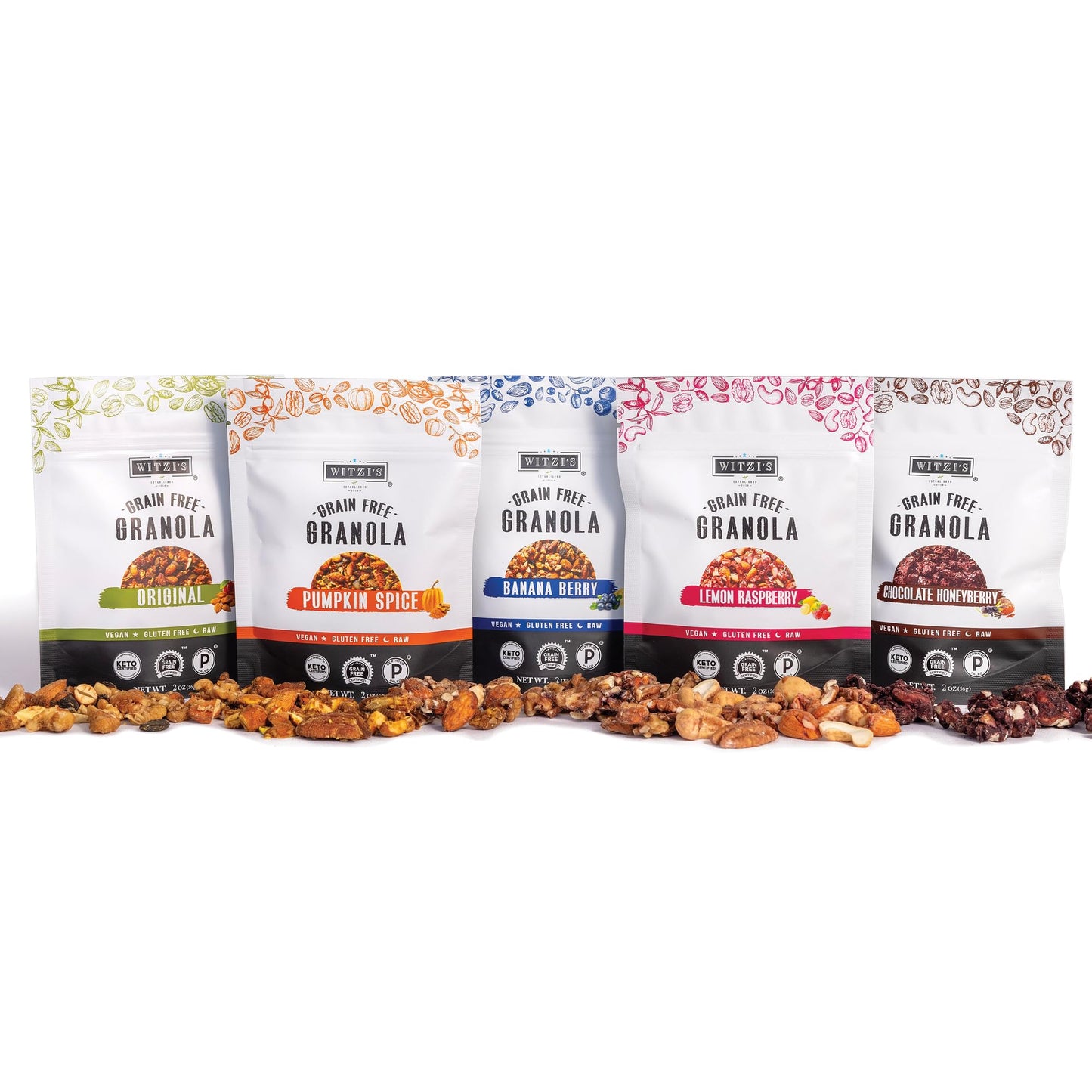 Witzi's Grain Free Granola, Variety Pack, 2oz (Pack of 5), Original, Banana Berry, Chocolate Honeyberry, Lemon Raspberry, Pumpkin Spice, Made