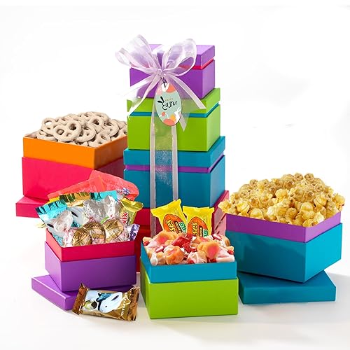 Broadway Basketeers Easter Basket Tower Premade Gift for adults, Kids, Boys, Girls - Includes Gourmet Chocolate, Candy, Easter Eggs a Great Easter