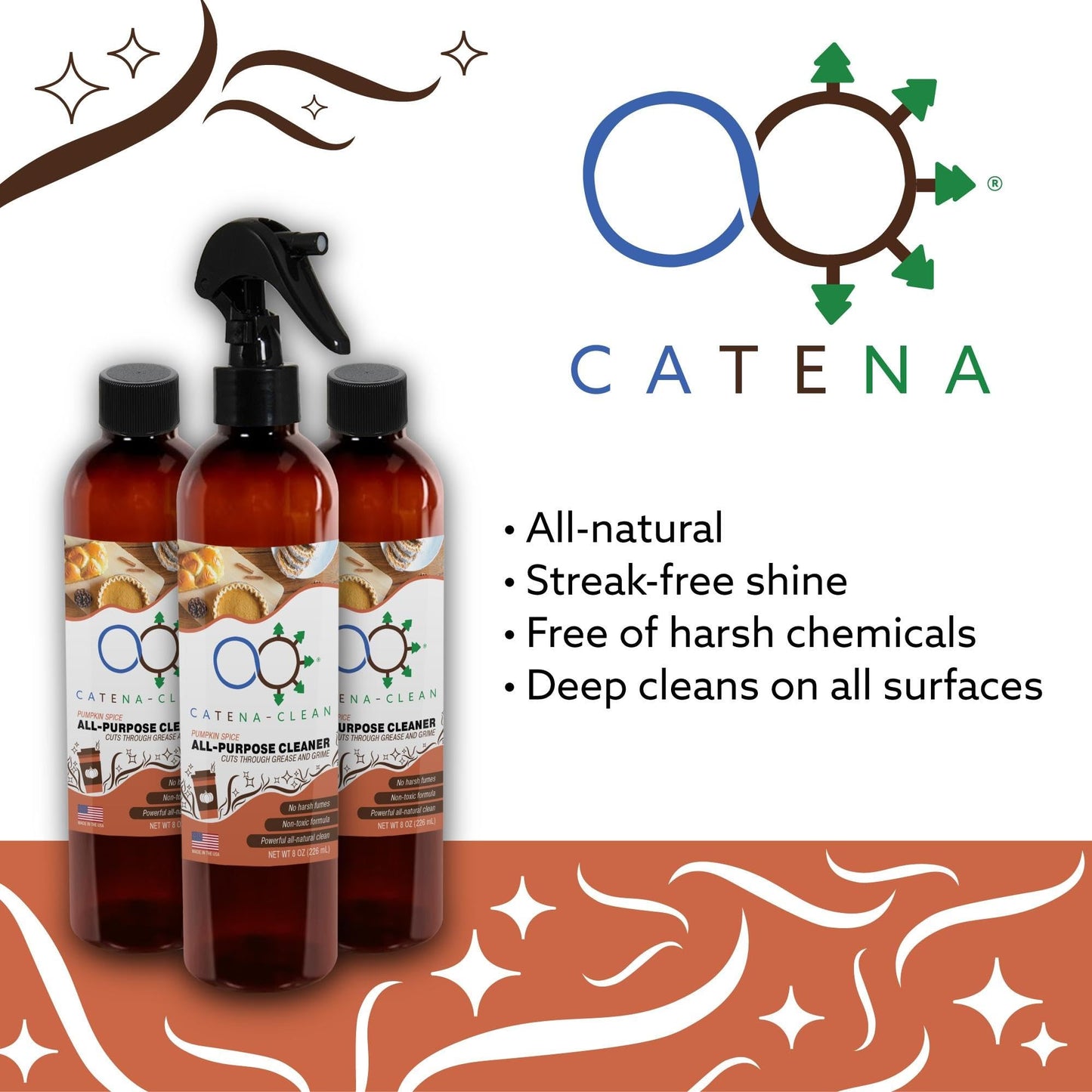 Natural Pumpkin Spice Bathroom Cleaner (Pack of 6, 8 fl. oz each, 48 fl. oz total) - Fast Acting, All Purpose Spray for Toilet, Shower, Tile, & Sink