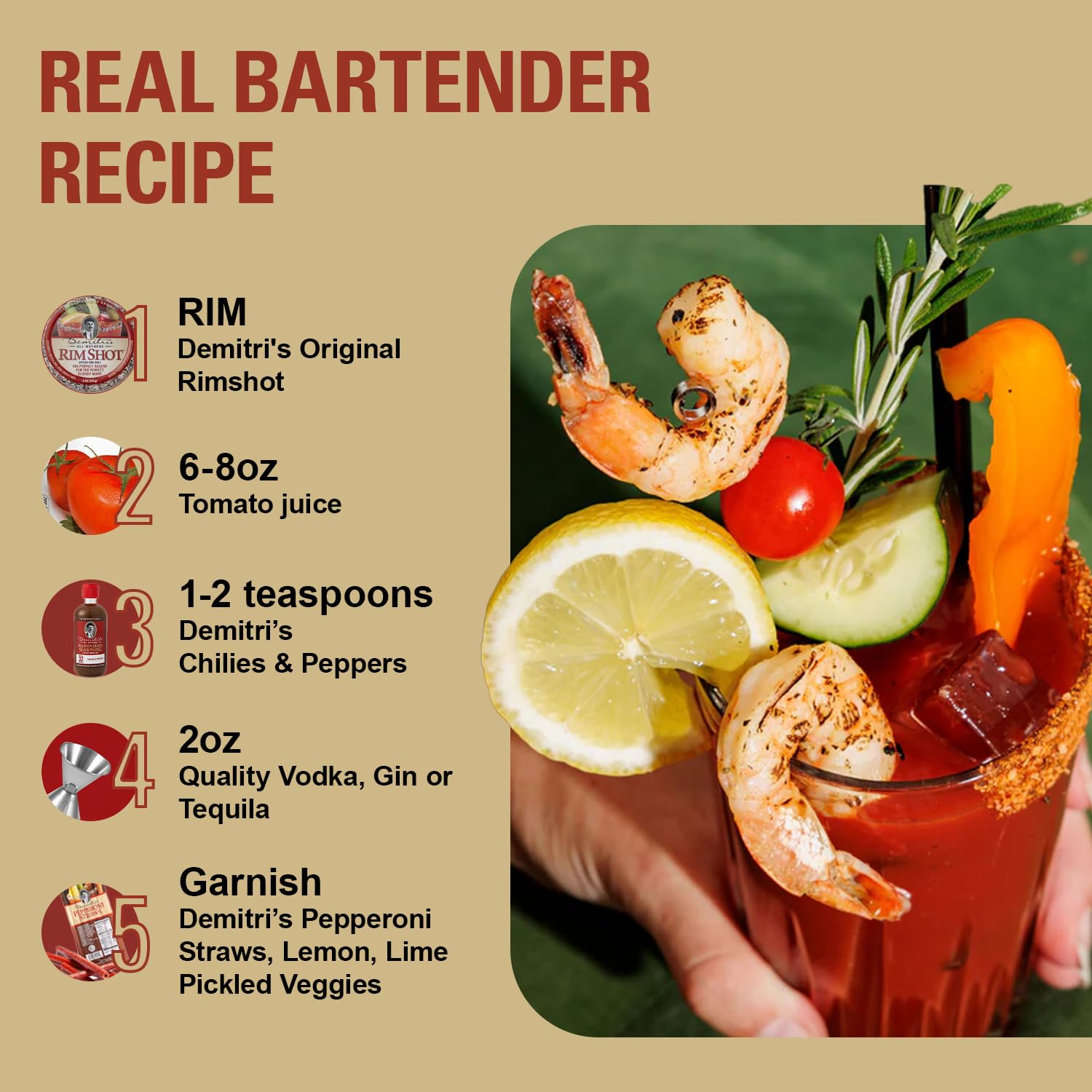 Demitri's Bloody Mary Seasoning Chilies & Peppers - Spicy Bloody Mary Mix - Concentrated Mixer - Bold Rich Flavor - Perfect for Home Brunch Parties