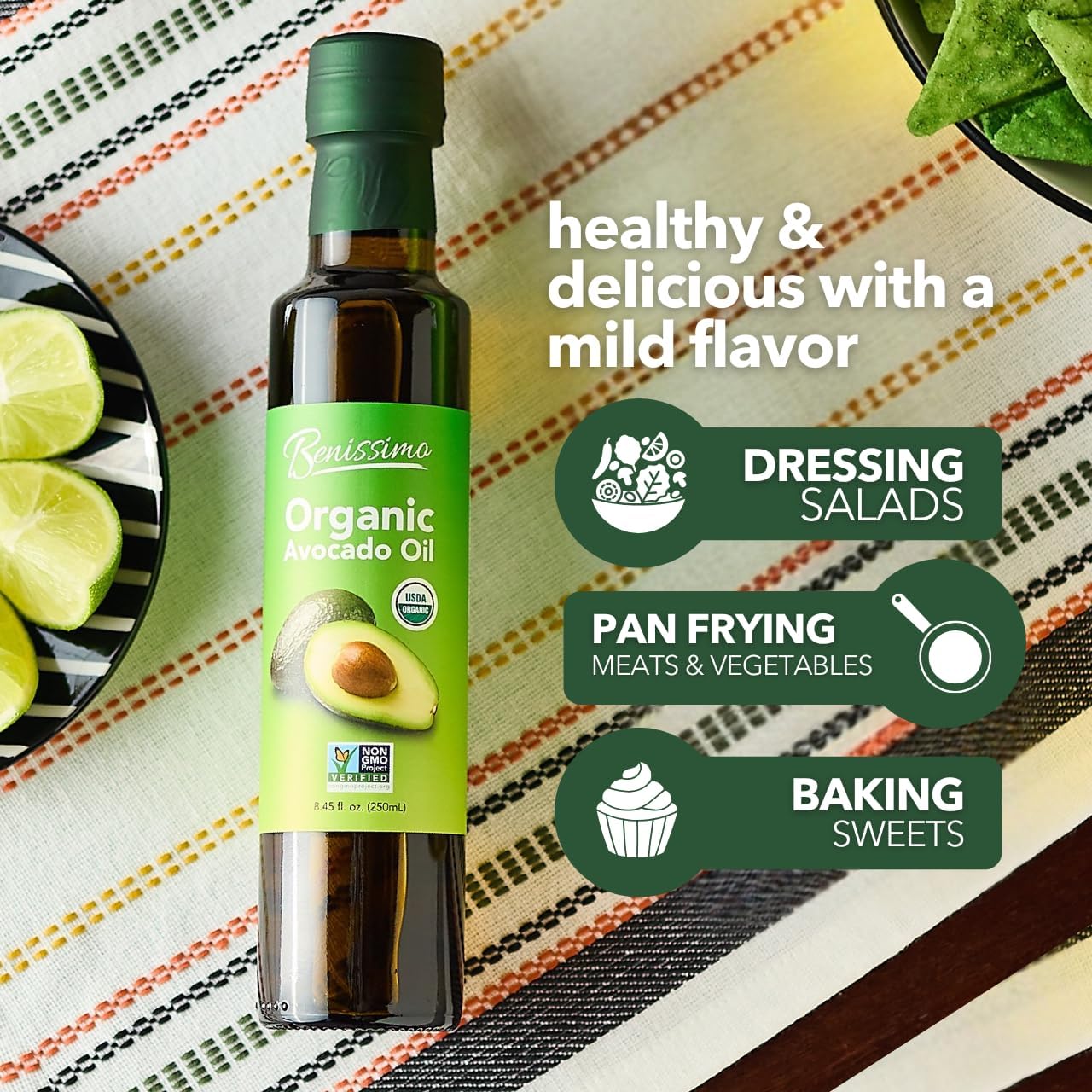 Benissimo Organic Avocado Oil, 8.45 Fl Oz · Cold-Pressed, USDA Organic, Non-GMO, Allergen-Free Premium Cooking Oil for Sautéing, Roasting, Baking