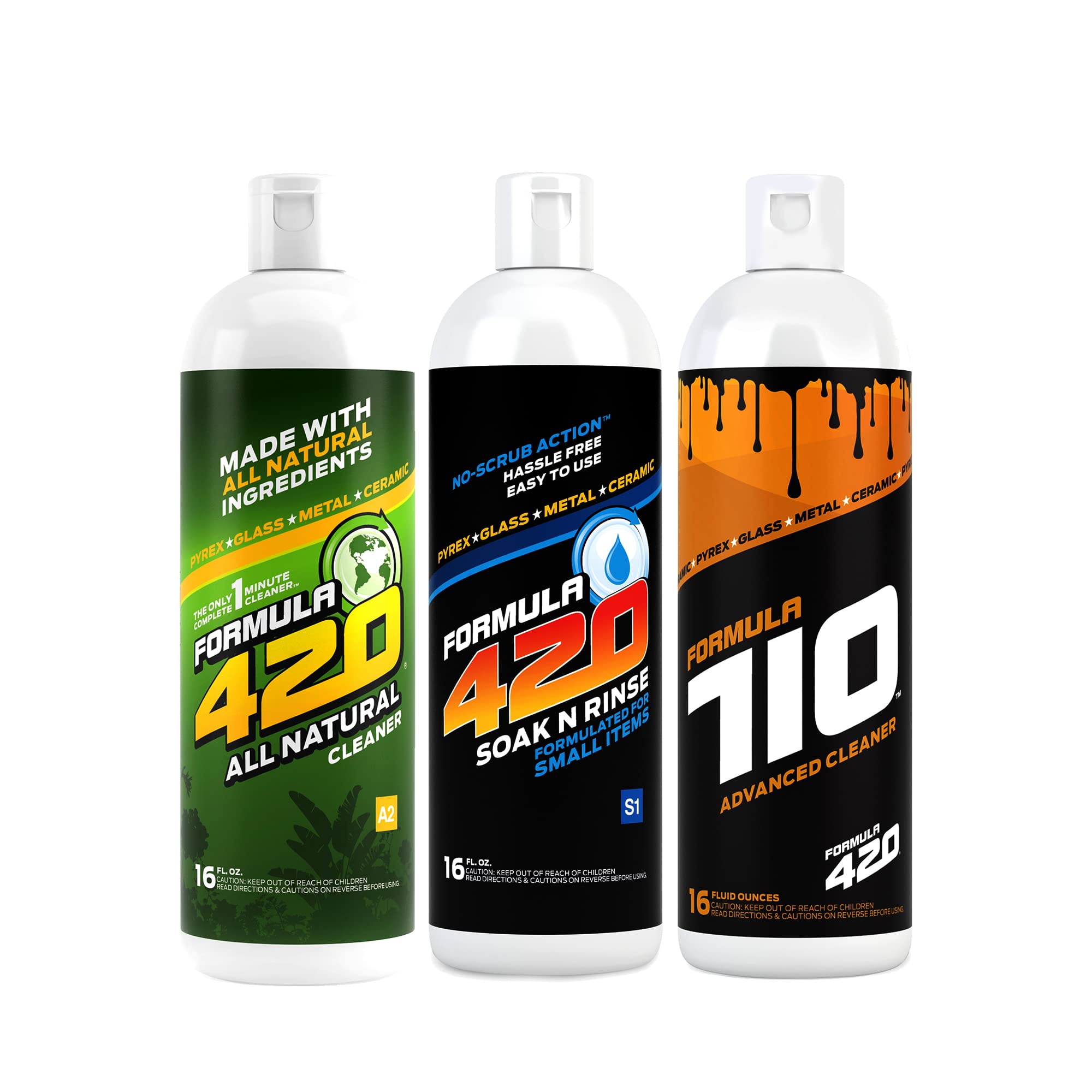 Formula 420 Bundle Pack : 1 Bottle ALL NATURAL Pipe Cleaner - Cleans - Glass, Pyrex, Metal, Ceramic 16 oz, 1 Bottle Soak-N-Rinse 16 oz & 1 Bottle