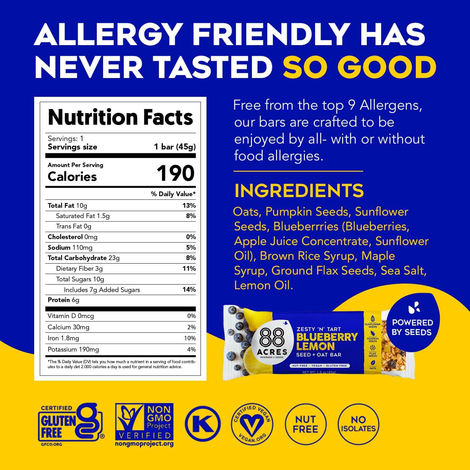88 Acres Granola Bars, Blueberry Lemon, 12 Count, School Safe, Allergen Free Seed & Oat Snack Bar, Gluten & Nut Free, Vegan, Non-GMO & Kosher