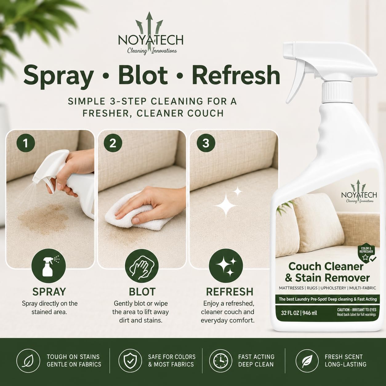 NOYATECH Travel size Couch Cleaner and Stain Remover. For sofas, car upholstery, carpets, rugs, mattresses, dining chairs, all Fabrics. Safe, for kids