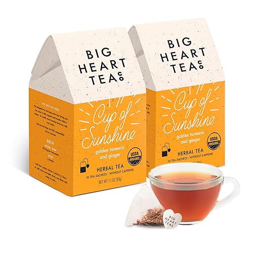 Big Heart Tea Co. Ginger Turmeric Tea, Certified Organic Tea Bags (20 Count) Herbal Caffeine Free Blend with Adaptogenic Tulsi, Peppercorn, Cinnamon