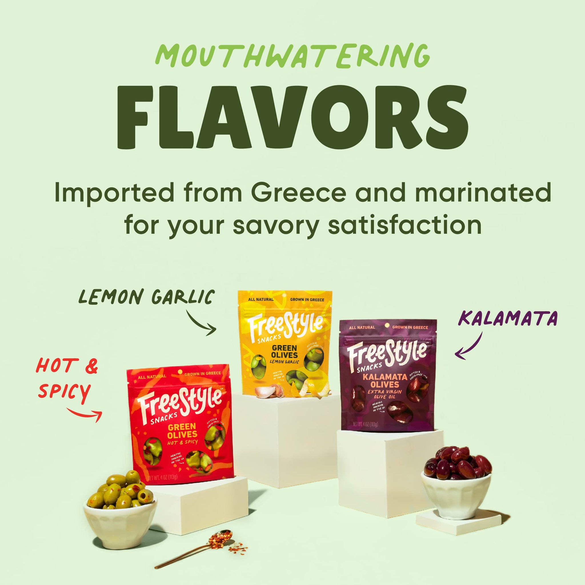 Freestyle Snacks Olive Snack Packs - As Seen on Shark Tank - Fresh Pitted Kalamata & Green Olives, Grown in Greece, Salty Snack, All Natural, Non-GMO