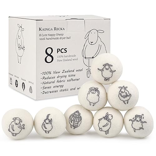 Wool Dryer Balls, 8PCS Dryer Balls with Happy Sheep - Natural & Organic, 100% New Zealand Wool Handmade, Chemical-Free Reusable Laundry Balls