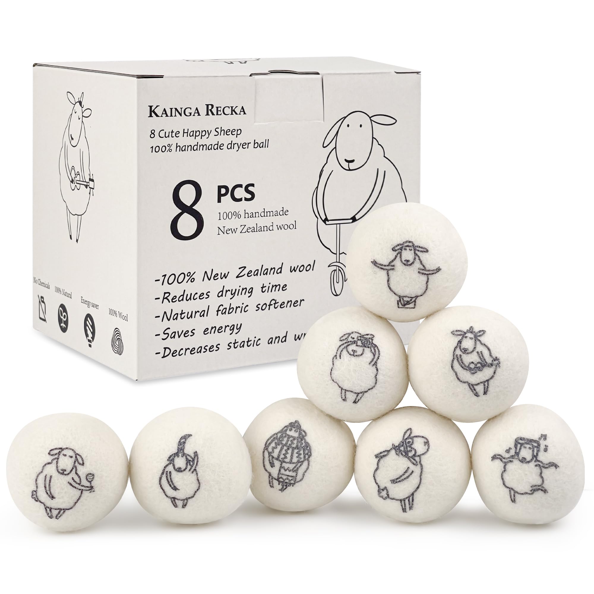 Wool Dryer Balls, 8PCS Dryer Balls with Happy Sheep - Natural & Organic, 100% New Zealand Wool Handmade, Chemical-Free Reusable Laundry Balls
