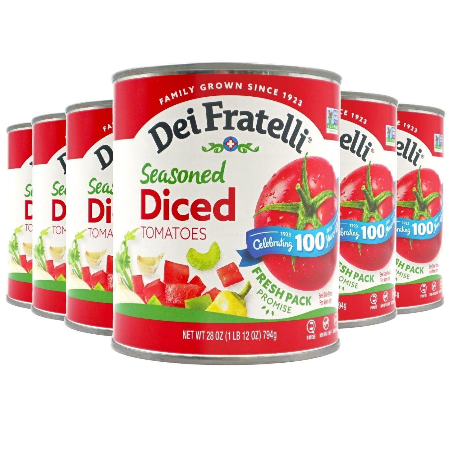 Dei Fratelli Seasoned Diced Tomatoes (28 oz. Cans, 6 pack) - Vine-Ripened - Non GMO, Gluten-Free