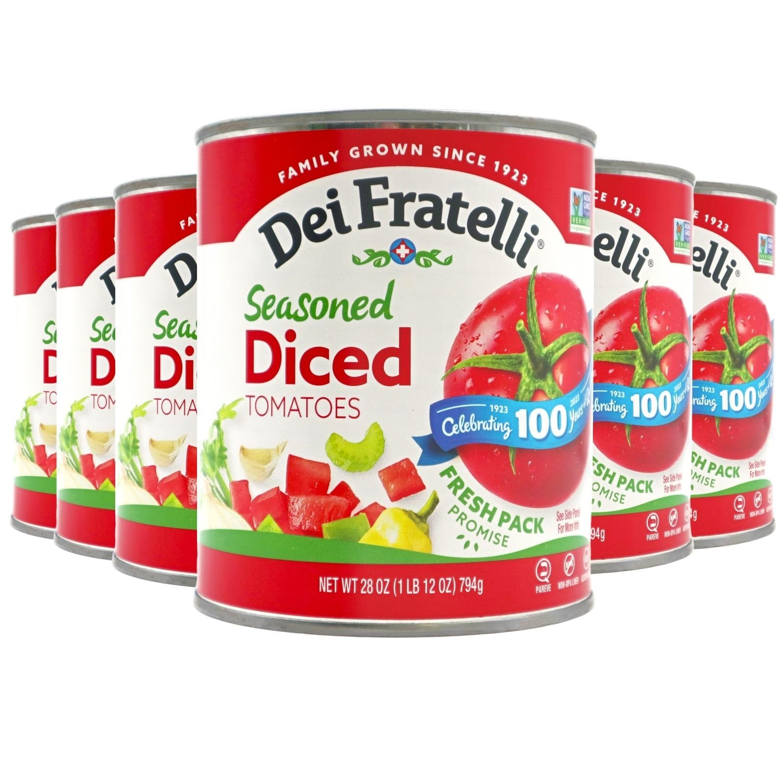 Dei Fratelli Seasoned Diced Tomatoes (28 oz. Cans, 6 pack) - Vine-Ripened - Non GMO, Gluten-Free