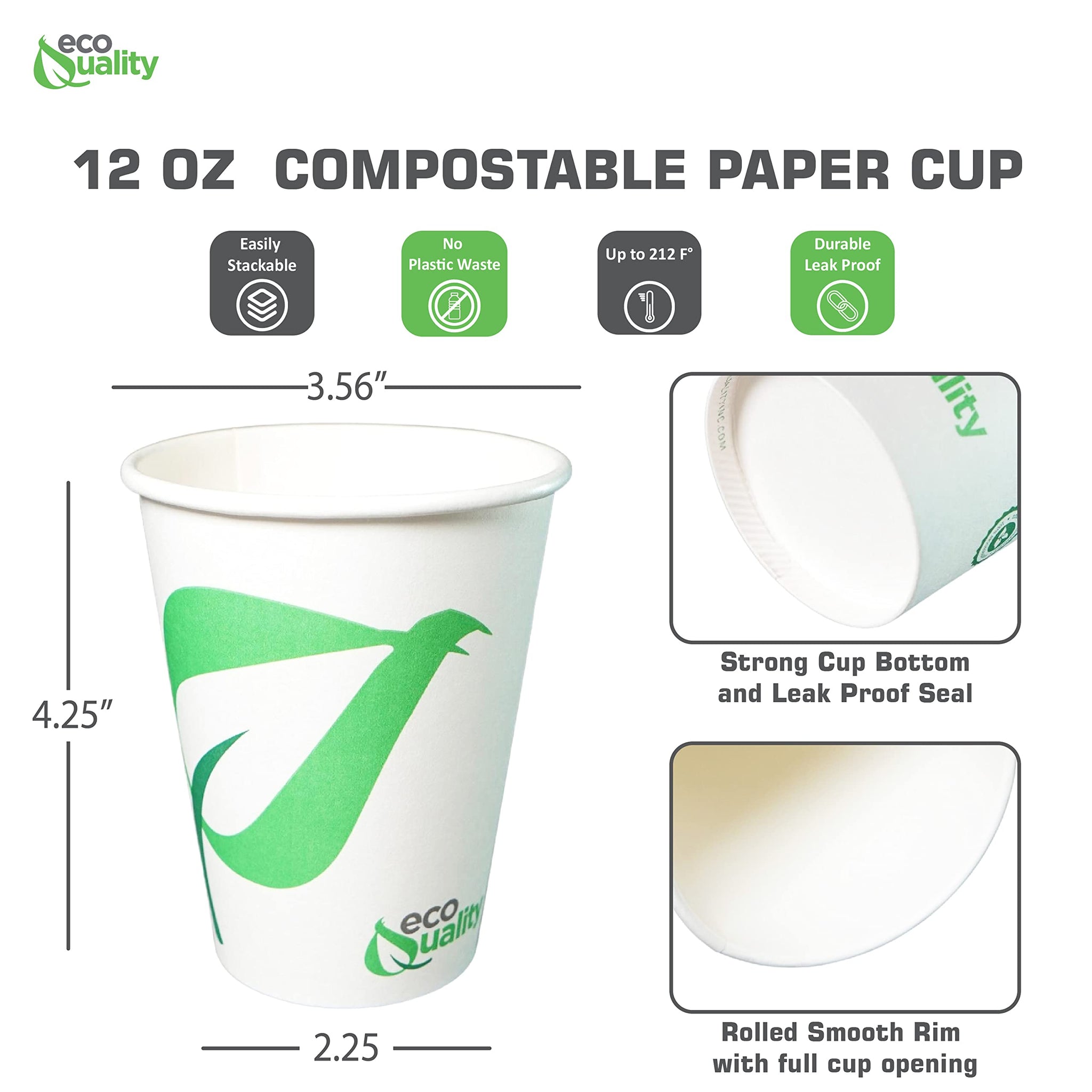 EcoQuality 12 oz Compostable Paper Cups - Biodegradable Disposable White Paper Coffee Cups PLA Lined - Eco-friendly Hot and Cold Drinking Cups