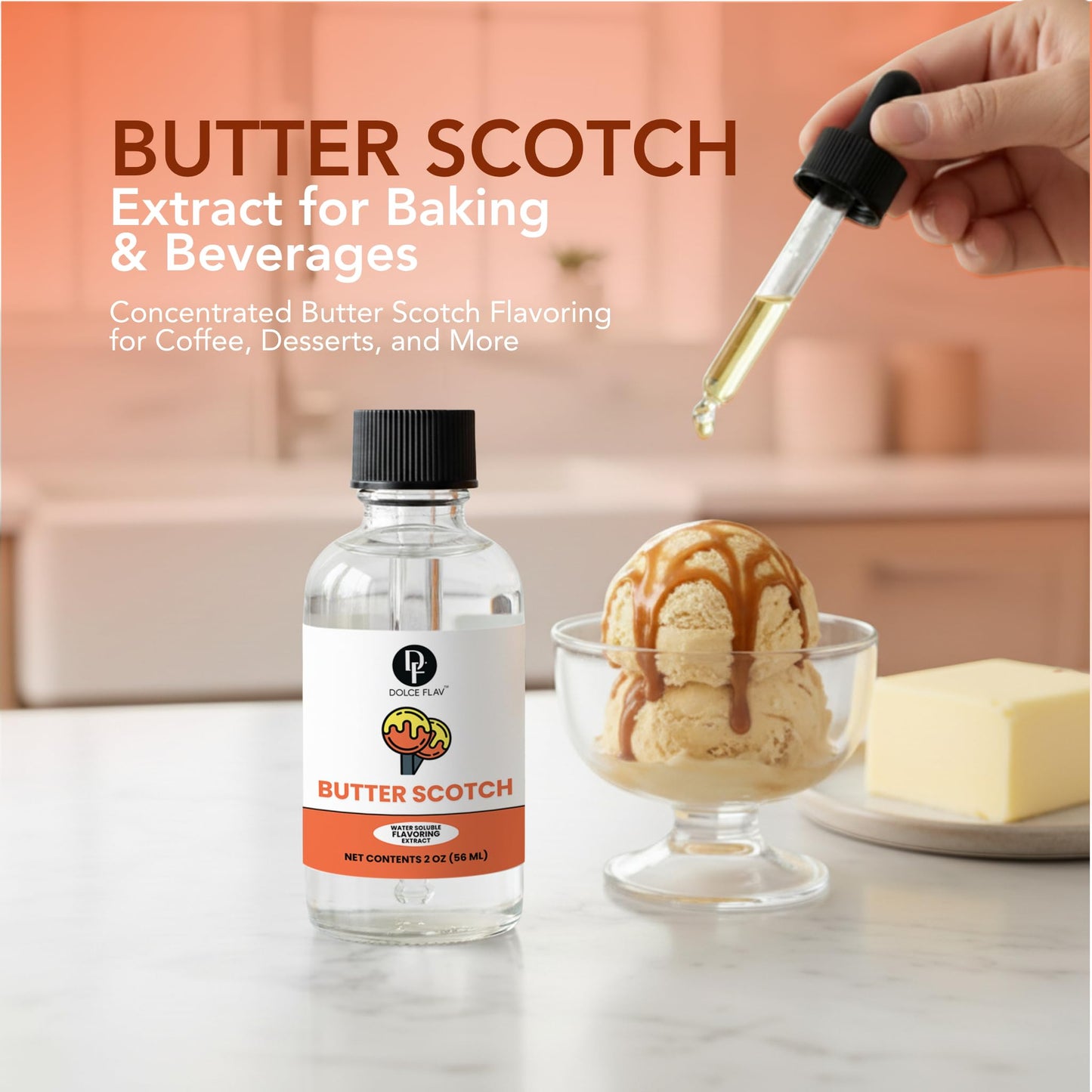 Dolce Flav Natural Butterscotch Extract 2 oz - Kosher, Sugar-Free, Concentrated Rich Butterscotch Flavoring for Baking, Beverages & Desserts, Includes