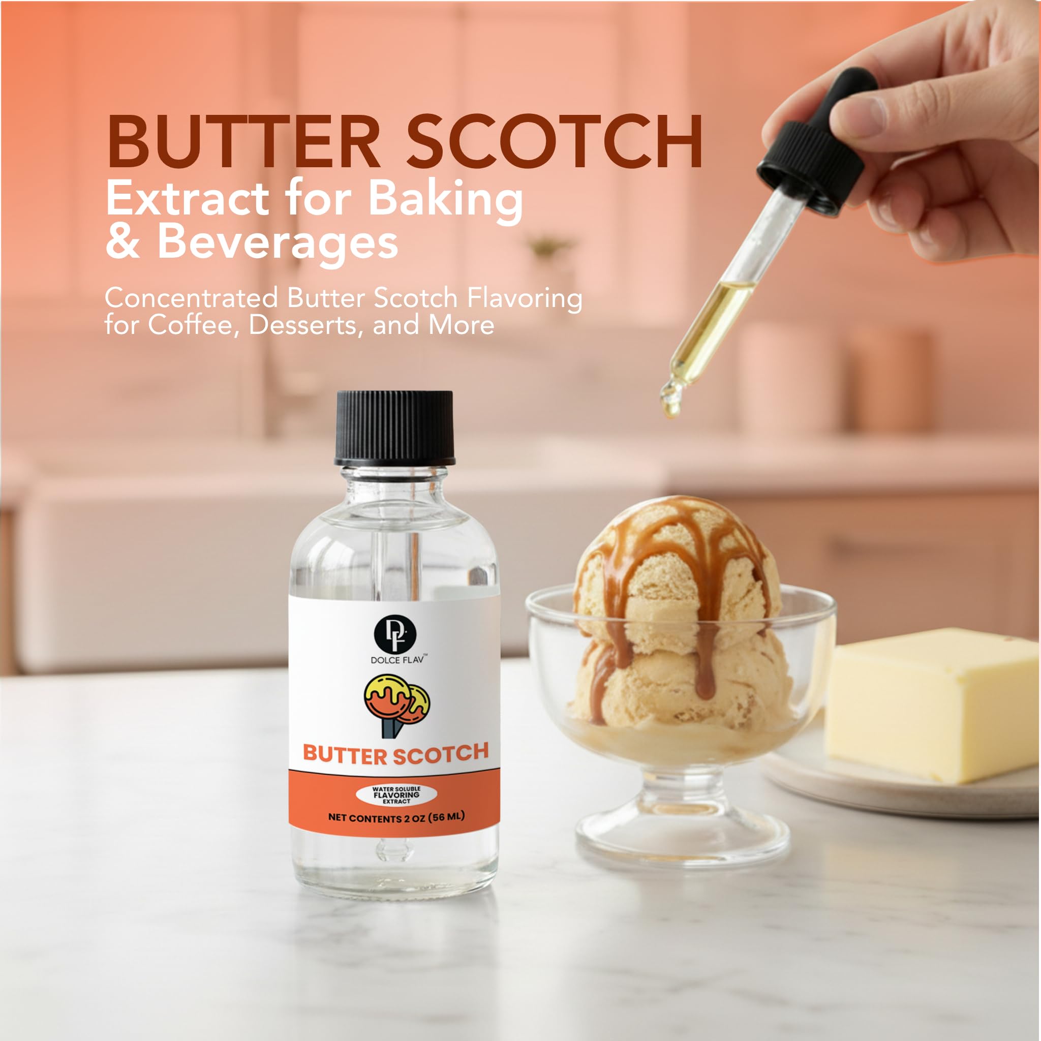 Dolce Flav Natural Butterscotch Extract 2 oz - Kosher, Sugar-Free, Concentrated Rich Butterscotch Flavoring for Baking, Beverages & Desserts, Includes