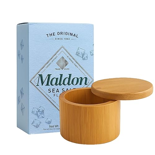 NORTHWARD SPIRIT Bamboo Salt Box Cellar Canister Gift Set With Maldon Sea Salt Flakes 8.5 Oz Box - Great For Salts, Spices, Seasonings In Your Gourmet