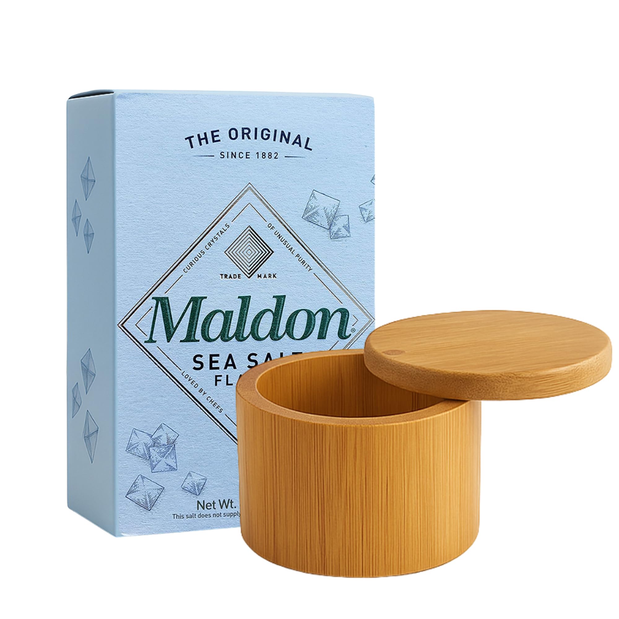 NORTHWARD SPIRIT Bamboo Salt Box Cellar Canister Gift Set With Maldon Sea Salt Flakes 8.5 Oz Box - Great For Salts, Spices, Seasonings In Your Gourmet