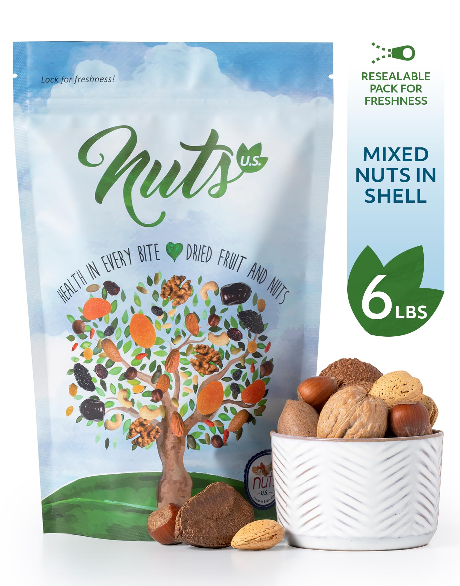 NUTS U.S. - Mixed Nuts In Shell (Almonds, Walnuts, Hazelnuts, Pecans, Brazil Nuts) | No Added Colors and No Artificial Flavors | Fresh Buttery Taste