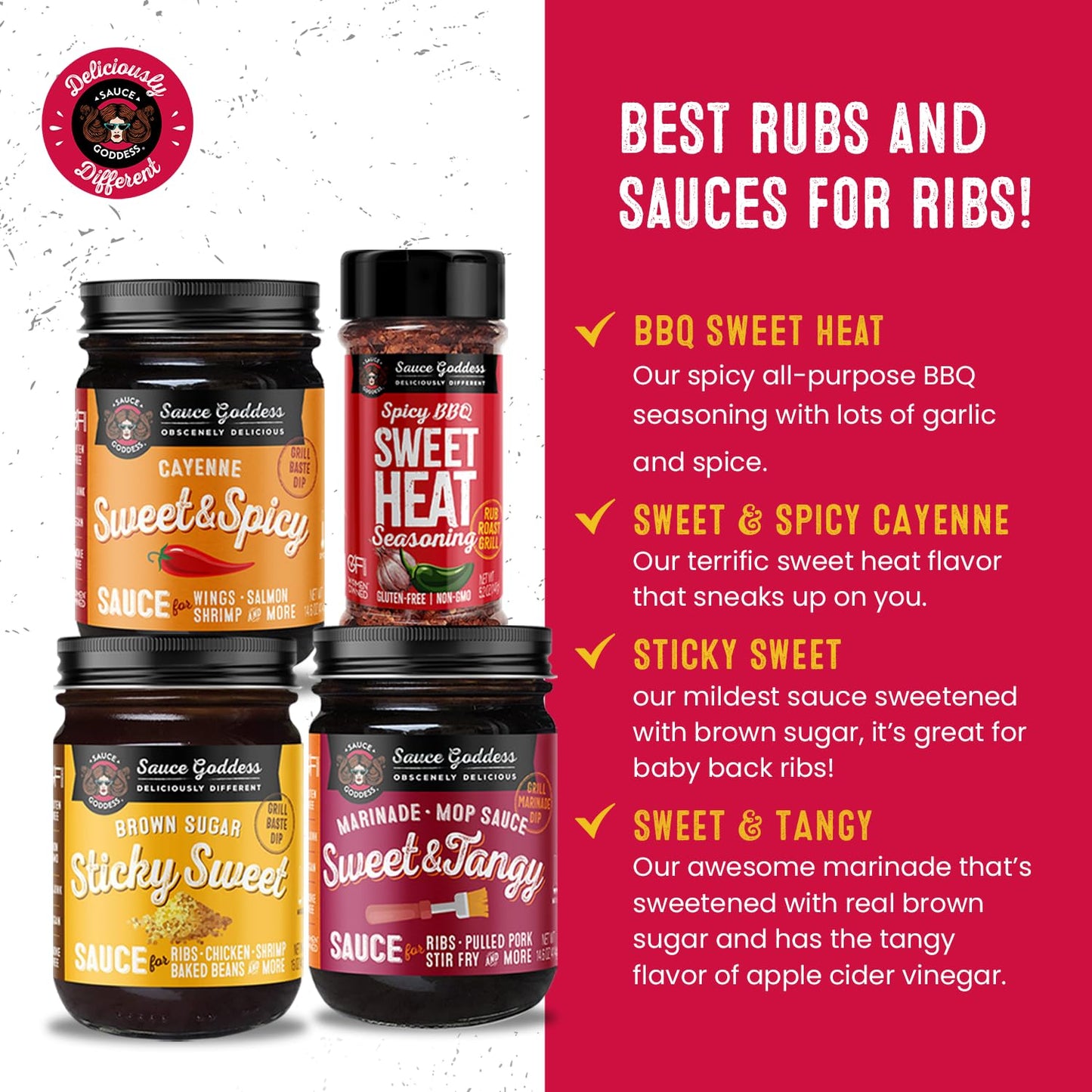 Sauce Goddess - Rib Kit Gift Pack - Sticky Sweet Sauce, Tangy Marinade, Sweet & Spicy Cayenne Sauce, BBQ Sweet Heat Shaker -Sauces & Seasoning