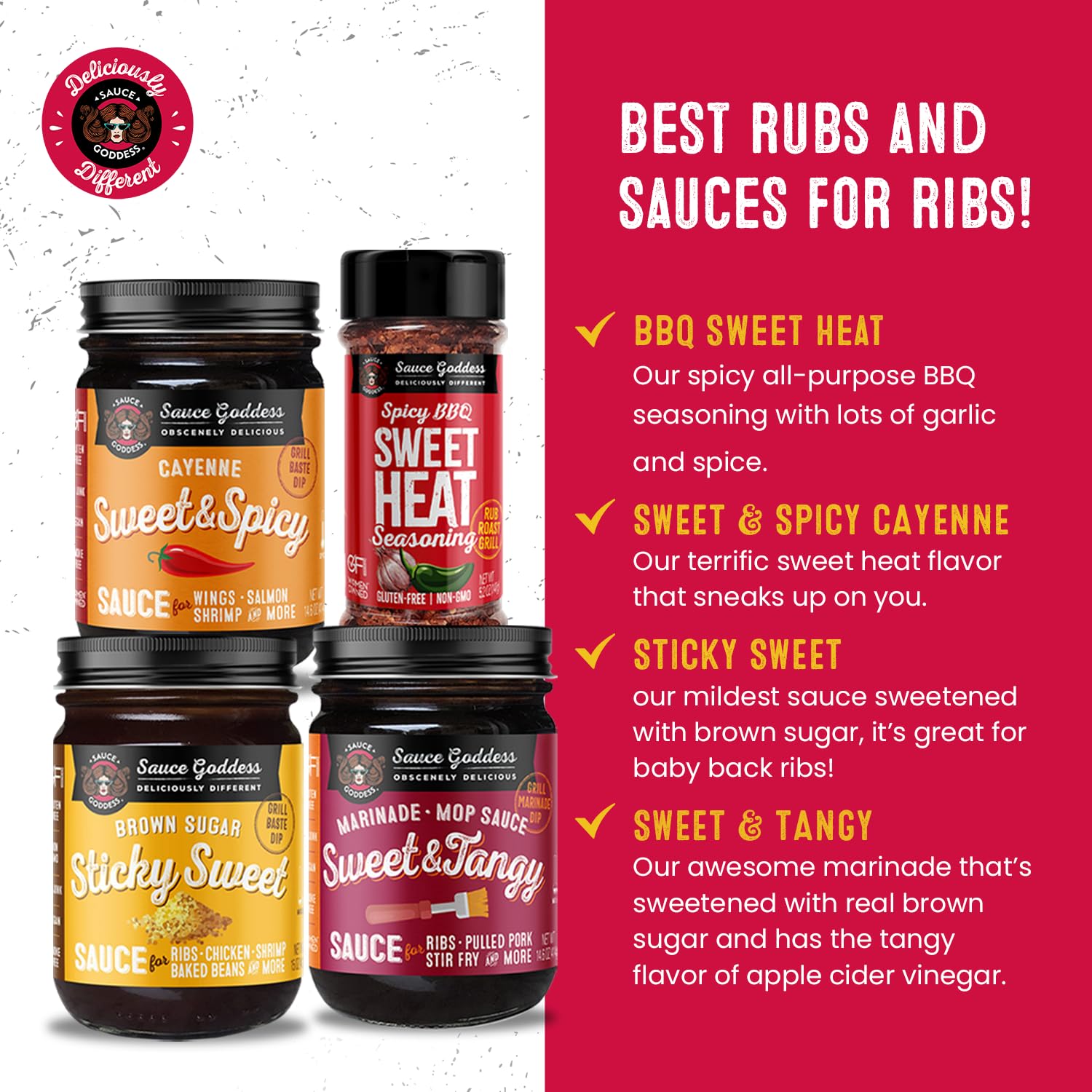 Sauce Goddess - Rib Kit Gift Pack - Sticky Sweet Sauce, Tangy Marinade, Sweet & Spicy Cayenne Sauce, BBQ Sweet Heat Shaker -Sauces & Seasoning