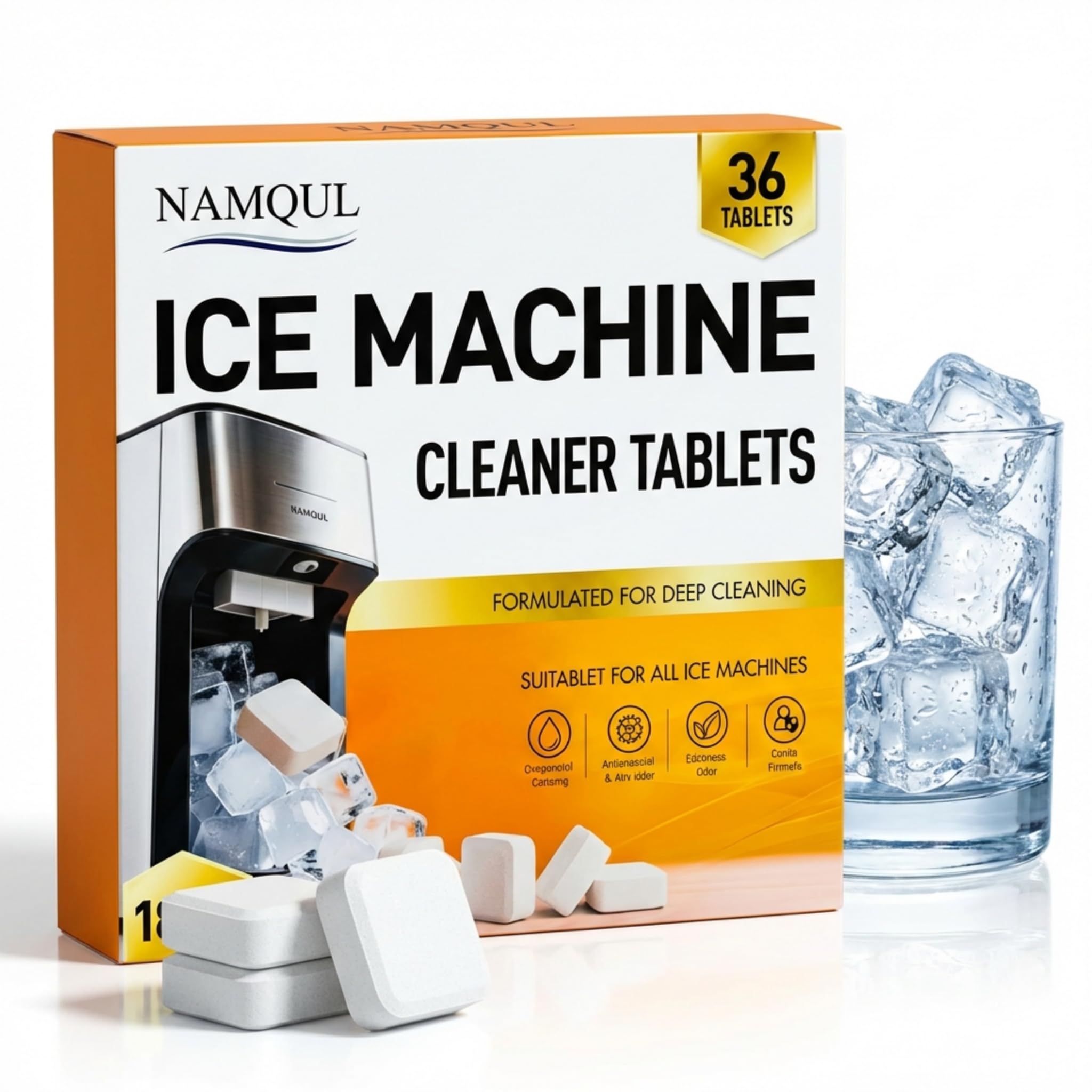 NAMQUL Ice Machine Cleaner Tablets (36 Tablets), Ice Maker Cleaner & Descaler, Nickel Safe Scale Remover, Removes Limescale & Odour - Compatible