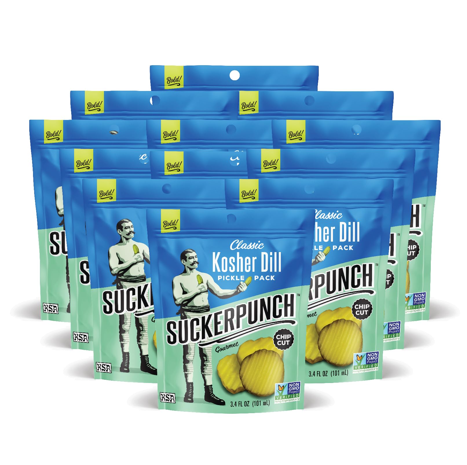 SuckerPunch Pickles in a Pouch, Gluten Free, Kosher, Sugar Free, Low Calorie, Keto, Vegan, Non-GMO, Ready to Eat, On-the-Go, 3.4 Oz Single Serve