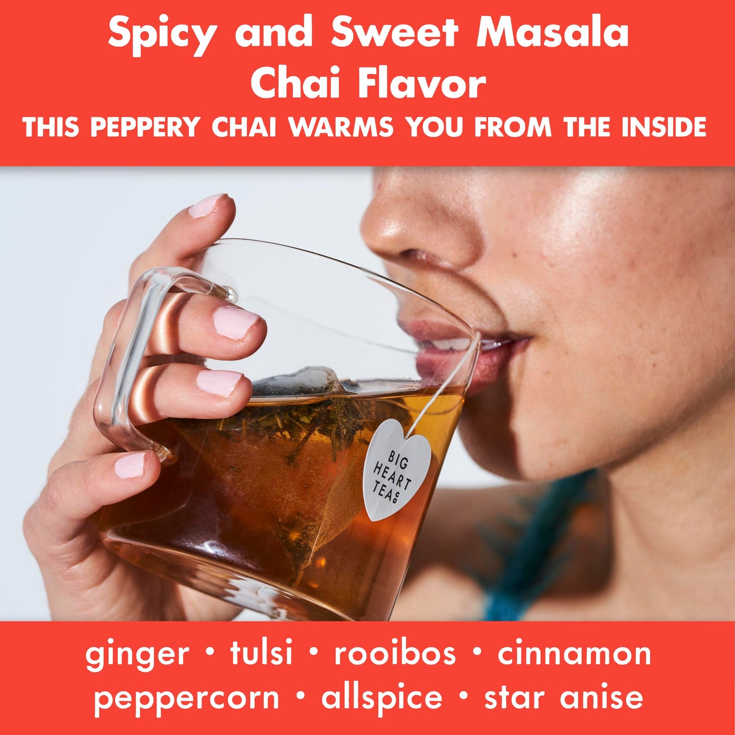 Big Heart Tea Co. Tea Bags - Fiery Masala Chai - Certified Organic, Ayurvedic Herbal Decaf Tea with Small Batch Ground Sweet Herbs and Spices