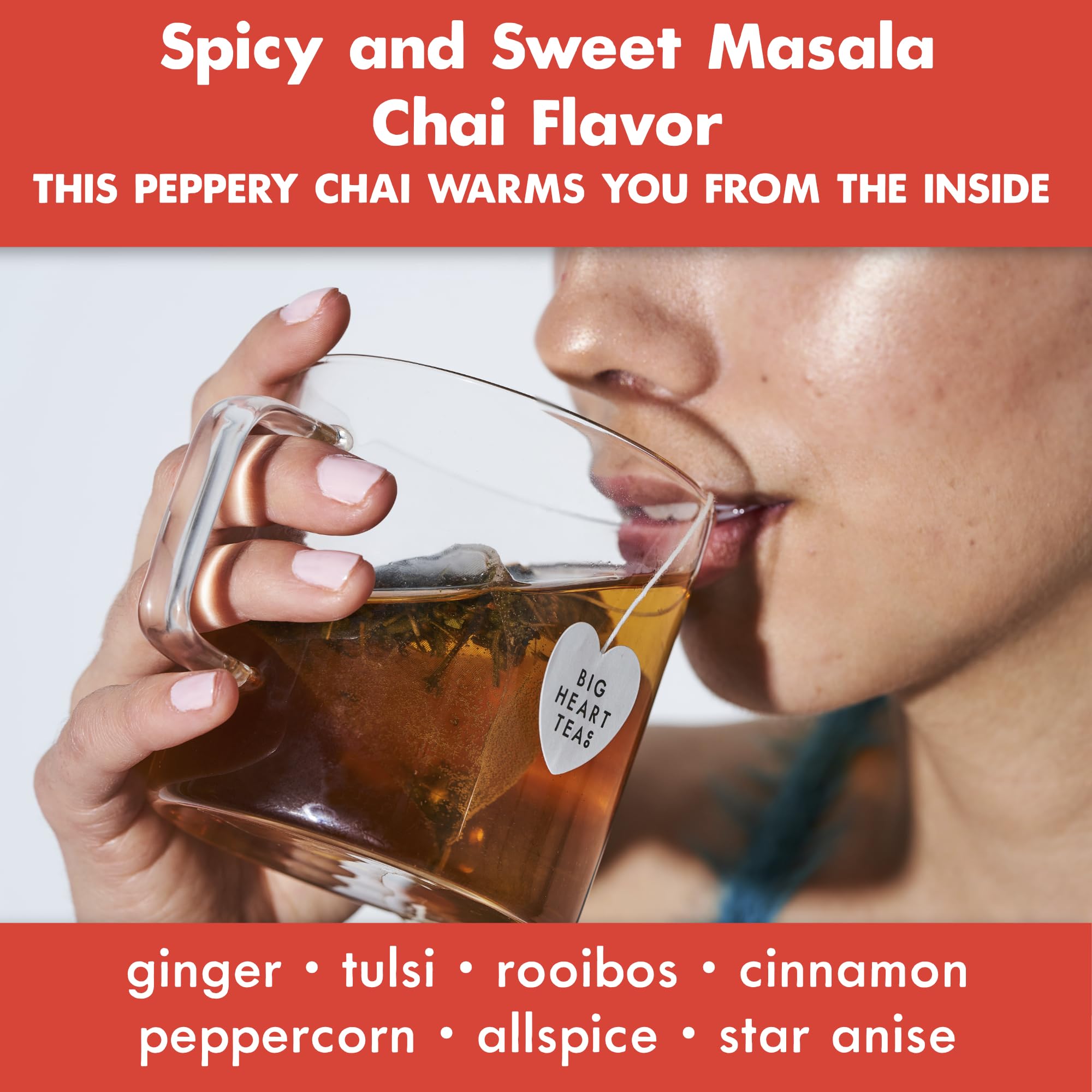 Big Heart Tea Co. Tea Bags - Fiery Masala Chai - Certified Organic, Ayurvedic Herbal Decaf Tea with Small Batch Ground Sweet Herbs and Spices
