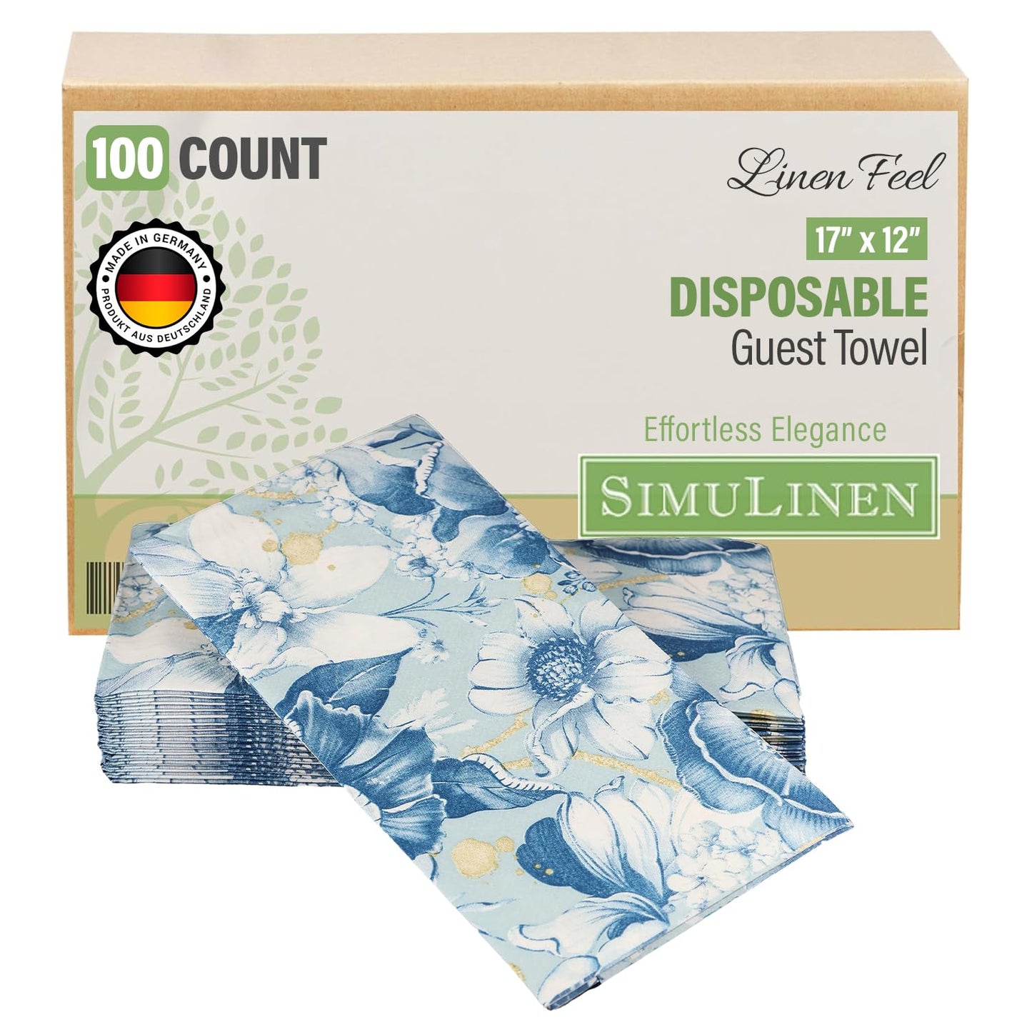SimuLinen Blue Garden Floral Disposable Hand Towels for Bathroom, Single-Use Linen-Feel Guest Towels, Hand Tissue Paper, Cloth-Like Paper Napkins