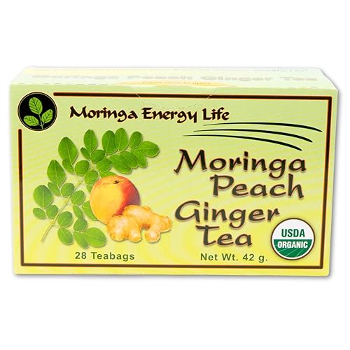 Moringa Peach Ginger Tea 28 tea bags (Keto, Detox, Paleo, Vitamin & Minerals, Vegan, Gluten-Free, Non-GMO, Herbal, Caffeine-Free)
