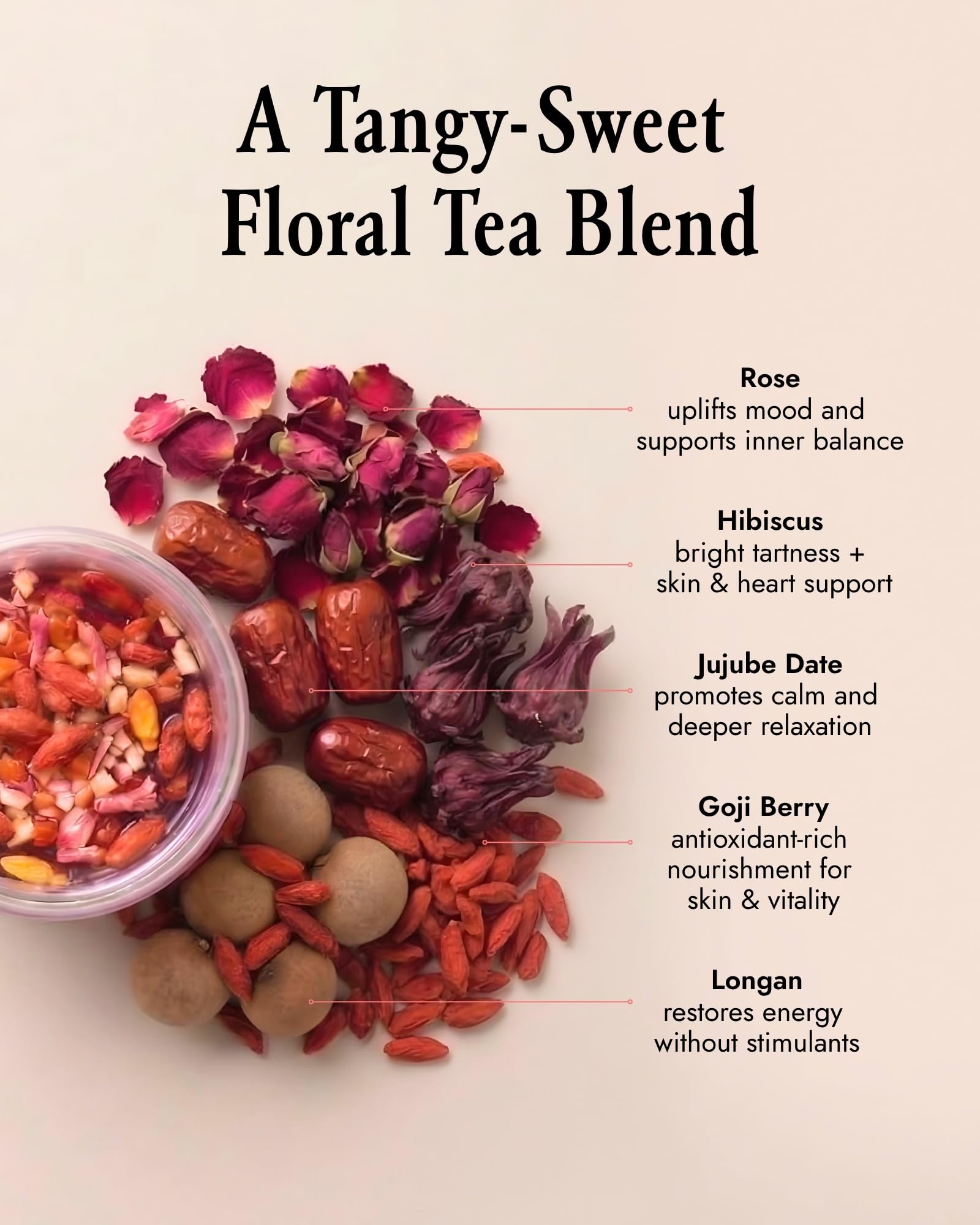 The-Qi Bloom + Balance Herbal Tea - 100% All Natural Whole Dried Flowers & Herbs Tea for Inner Calm & Wellness - Rose, Longan, Goji Berry, Jujube