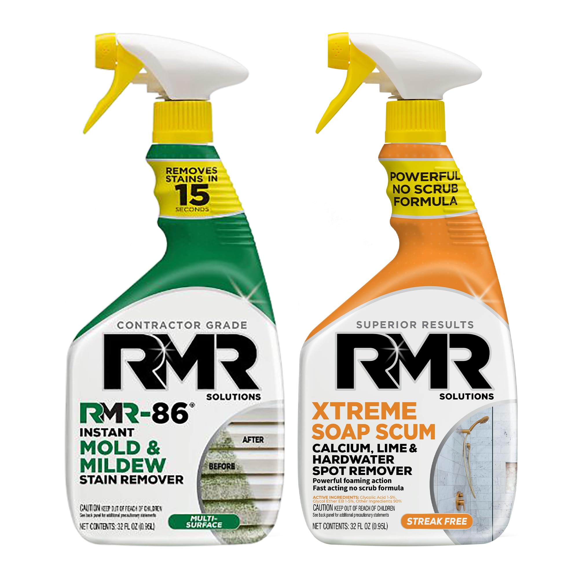 RMR Instant Mold & Mildew Stain Remover Spray + Xtreme Soap Scum Remover, No-Scrub Indoor/Outdoor Cleaning System for Bathroom, Shower, Siding