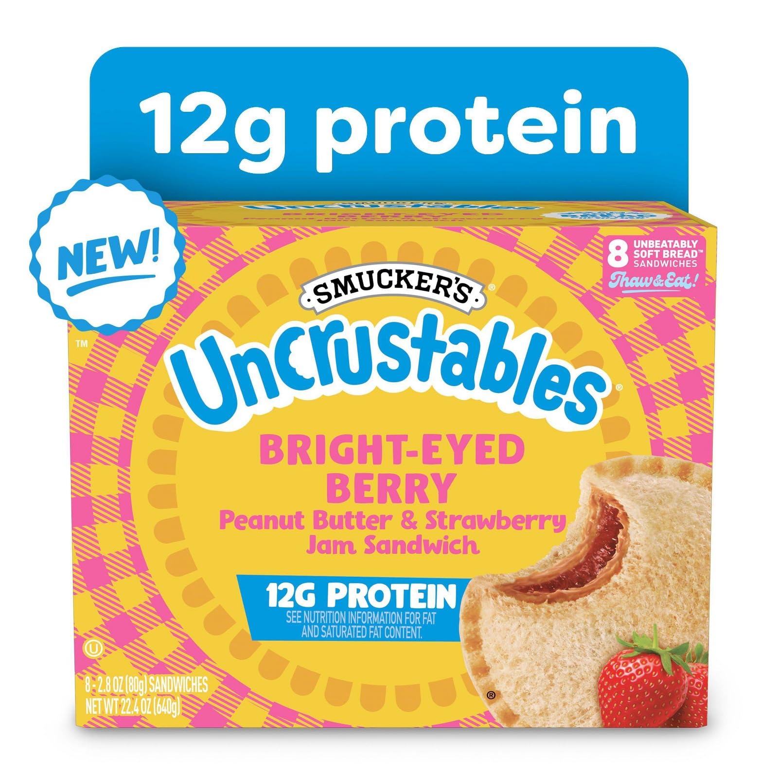 Smucker's Uncrustables Frozen Sandwich Variety Pack, Peanut Butter & Strawberry Jam - 12g Protein and Peanut Butter, 24 Count