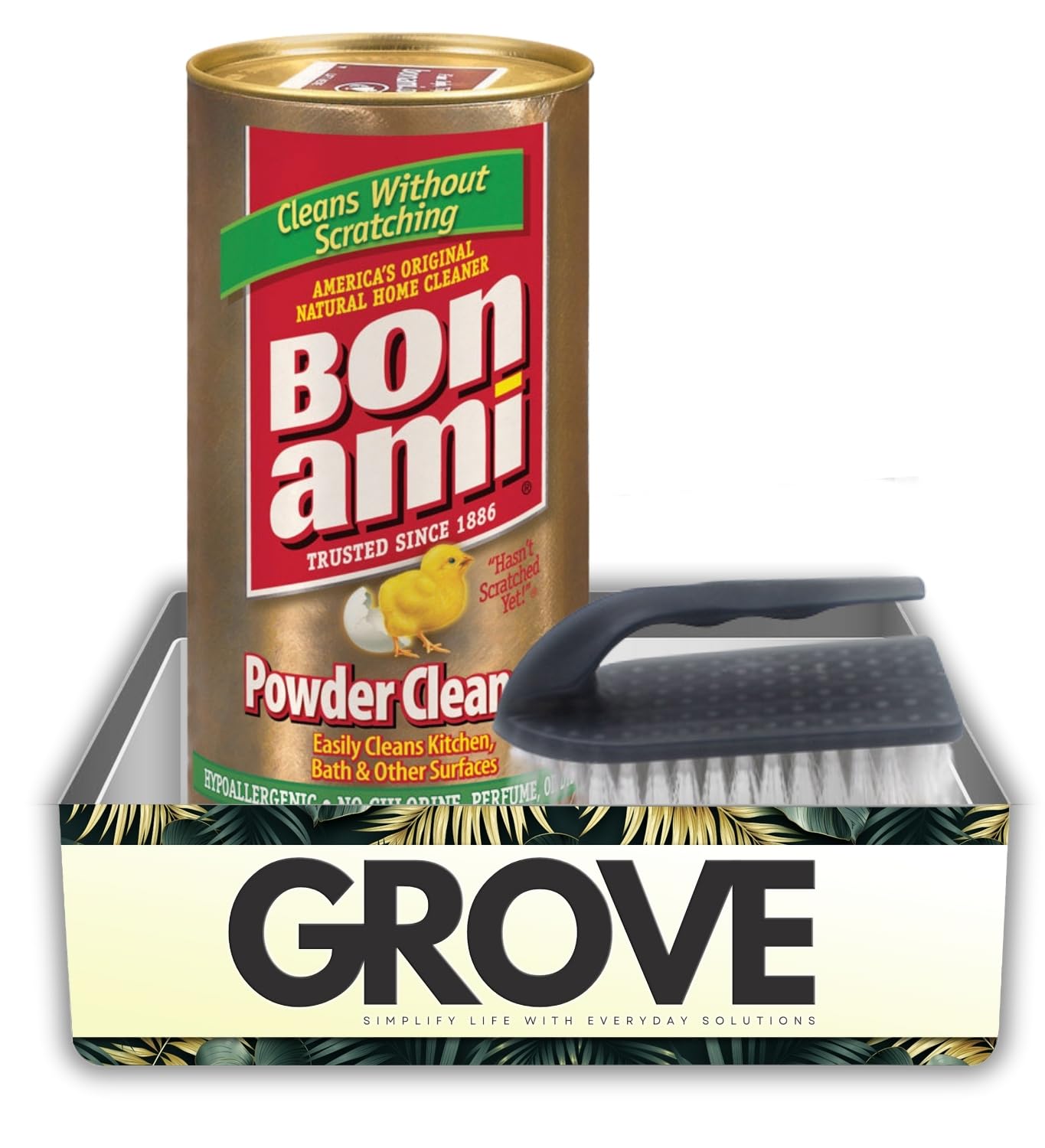 Bon Ami No Scent Cleaner 14 oz Powder Bundle with Scrub Brush - Gentle Cleaning Powder for Dried Food, Scuff Marks, and More - Safe for Cookware