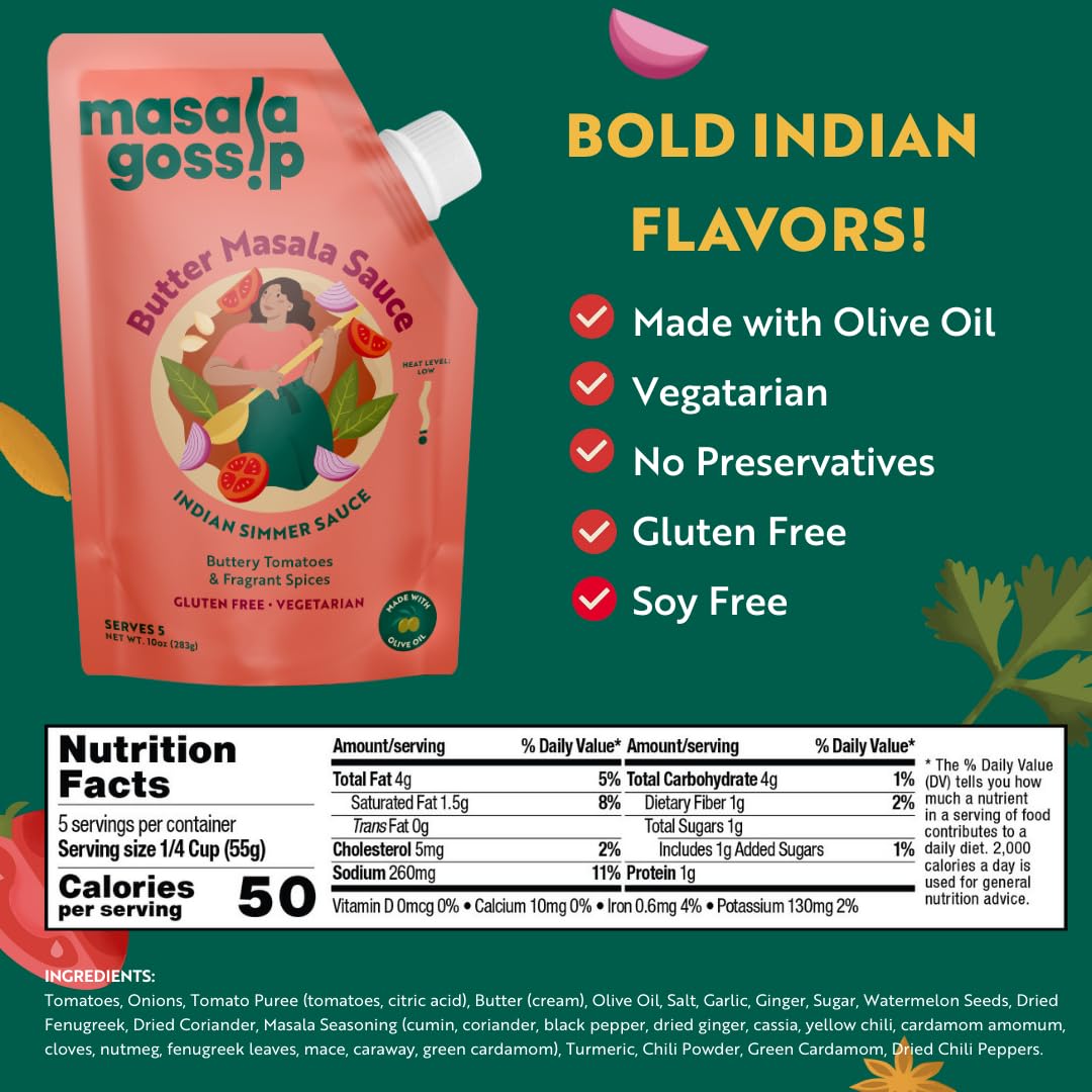 Masala Gossip Butter Masala Simmer Sauce 10 oz - Authentic Makhani Sauce with Real Butter and Tomato - Gluten-Free, Seed Oil Free, No Artificial