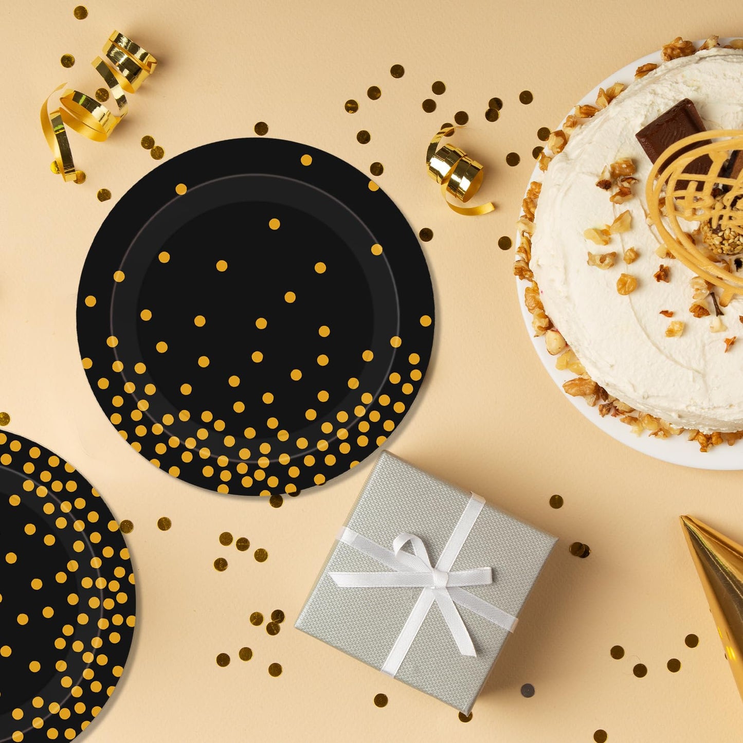 Black and Gold Plates,60Pcs 7Inch Black Disposable Plates,Party Disposable Tableware Kit,Gold Foil Polka Dots Dessert Plate,for Graduation