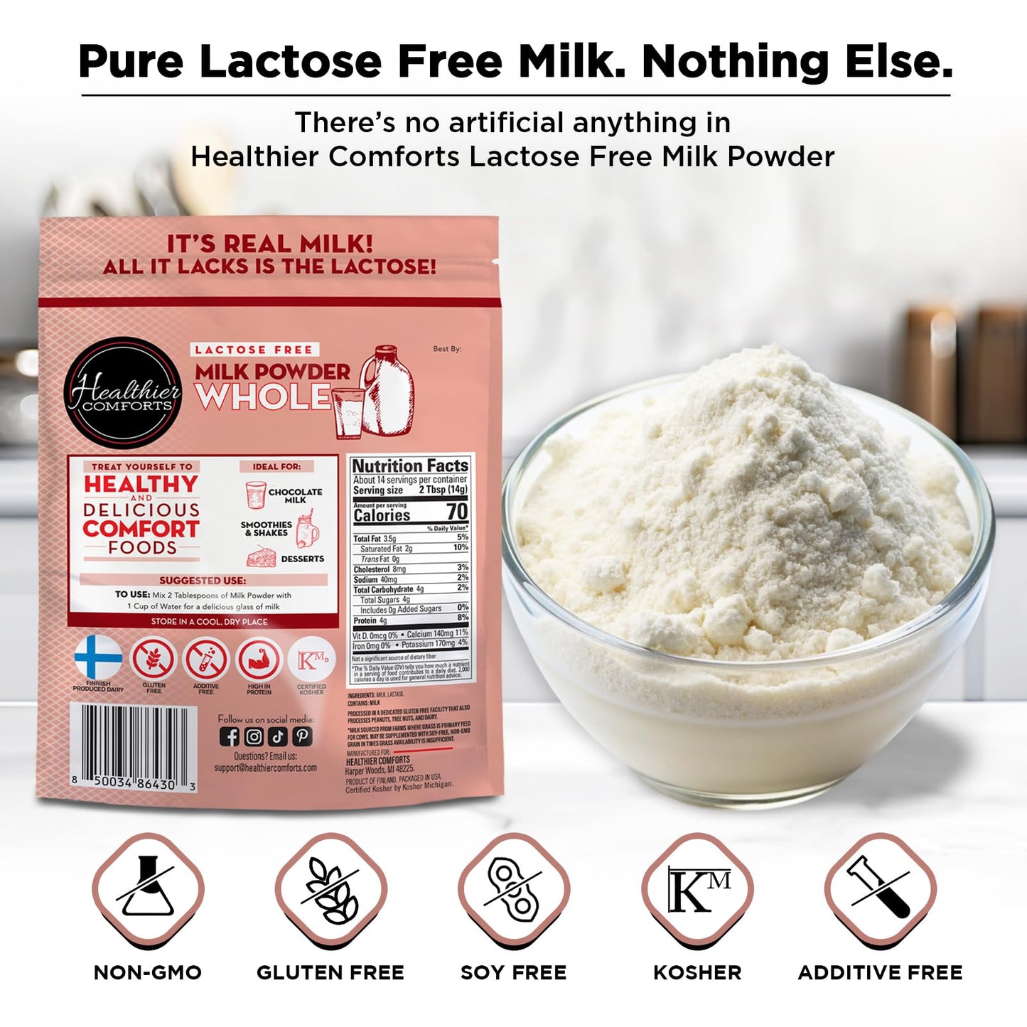 Healthier Comforts Lactose Free Whole Milk Powder | Non-GMO, rBST Hormone Free, Kosher, Gluten Free, No Fillers | Baking, Coffee Creamer, Shakes, Pantry Staple, Camping | Makes 14 cups (7 oz)