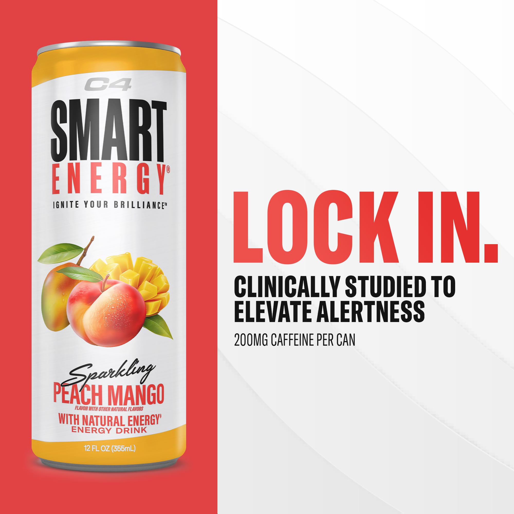 Cellucor C4 Smart Energy Drink ‚ Boost Focus and Energy with Zero Sugar, Natural Energy, and Nootropics - 200mg Caffeine - Peach Mango (12oz Pack