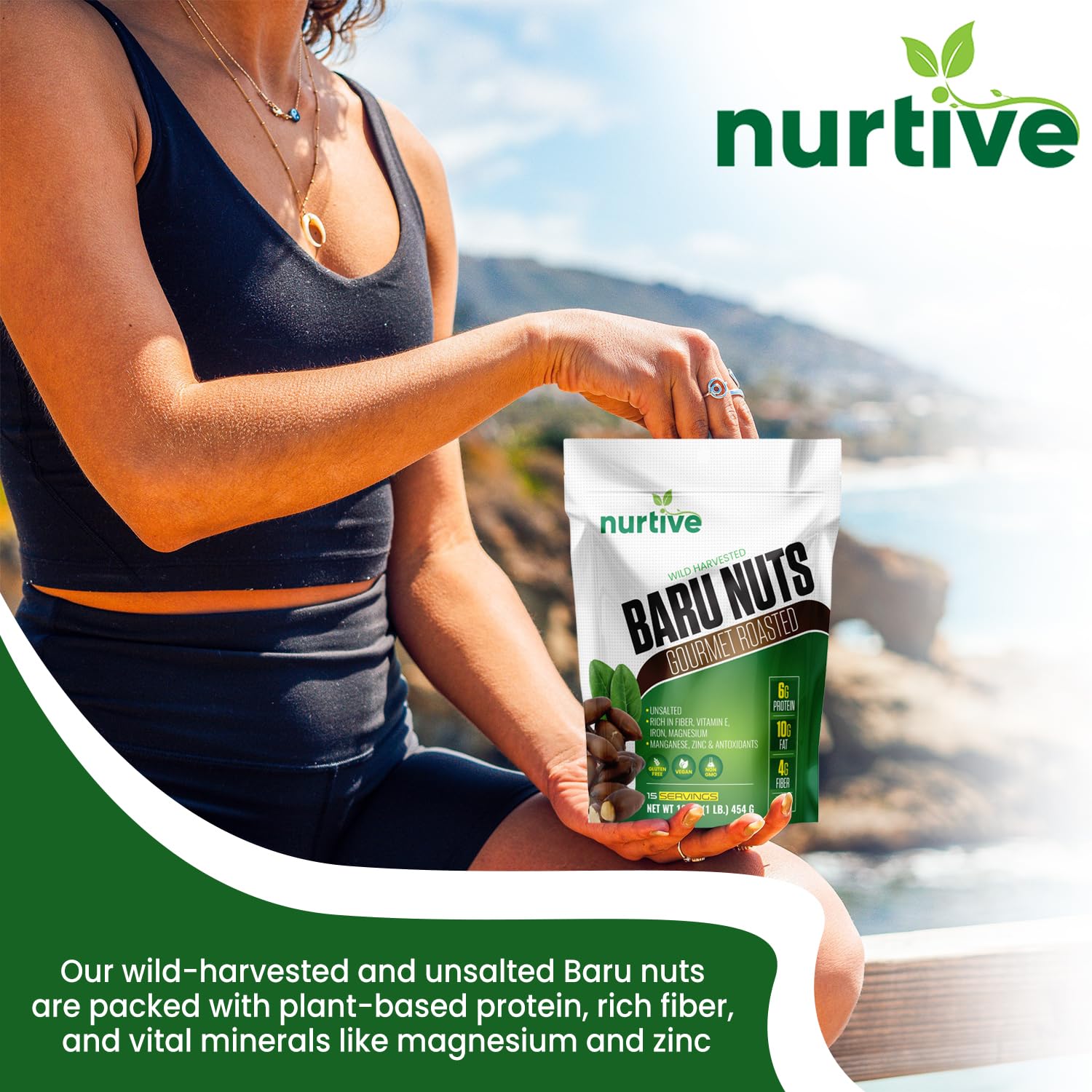 Nurtive Baru Nuts - Gourmet Roasted - Wild Harvested & Unsalted - Plant-Based Protein, Rich in Fiber, Essential Minerals and Antioxidants - Non-GMO