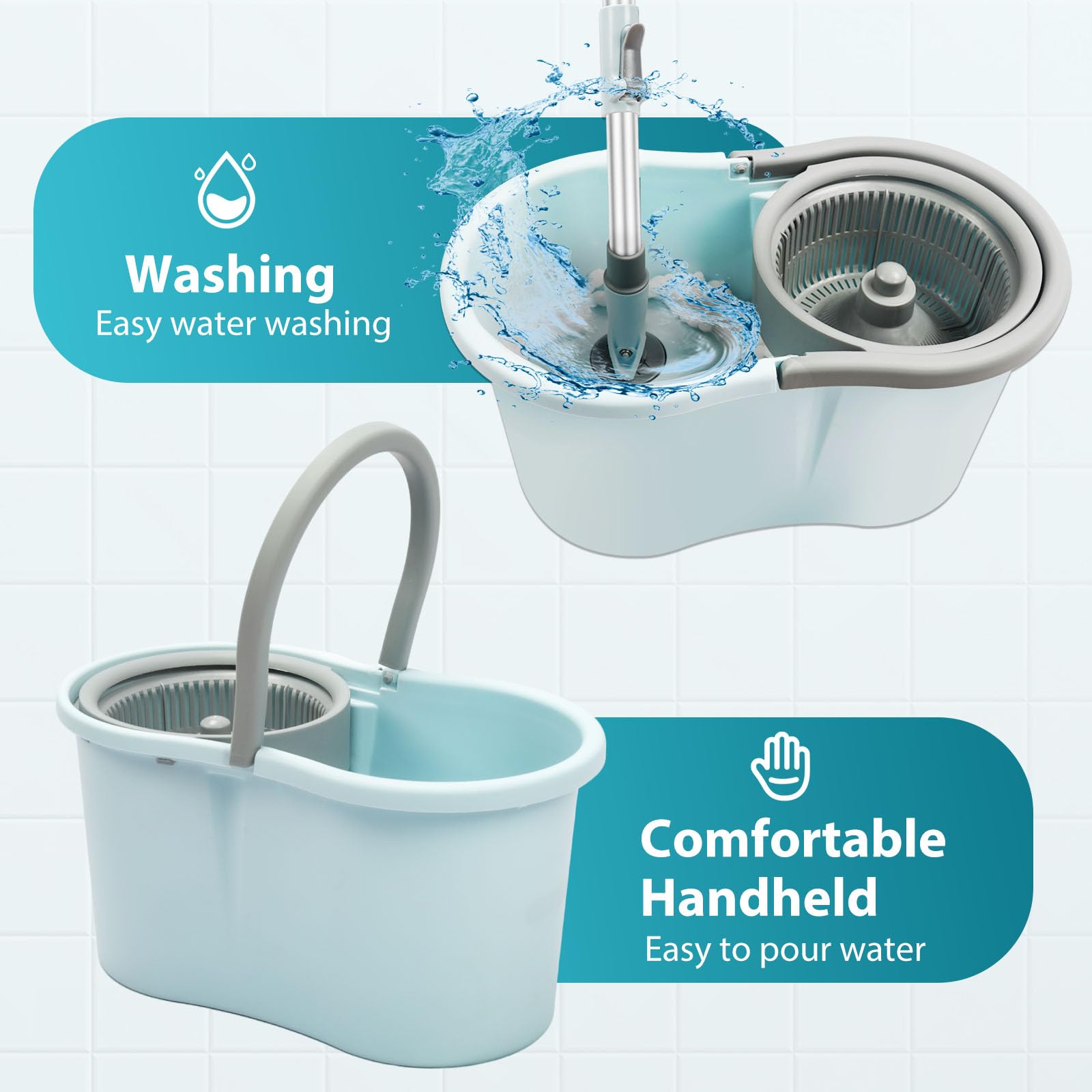 Spin Mop and Bucket with Wringer Set, Operable 360° Rotating Mop Bucket Set with 3 Microfiber Replacement Head, Stainless Steel Extended Handle
