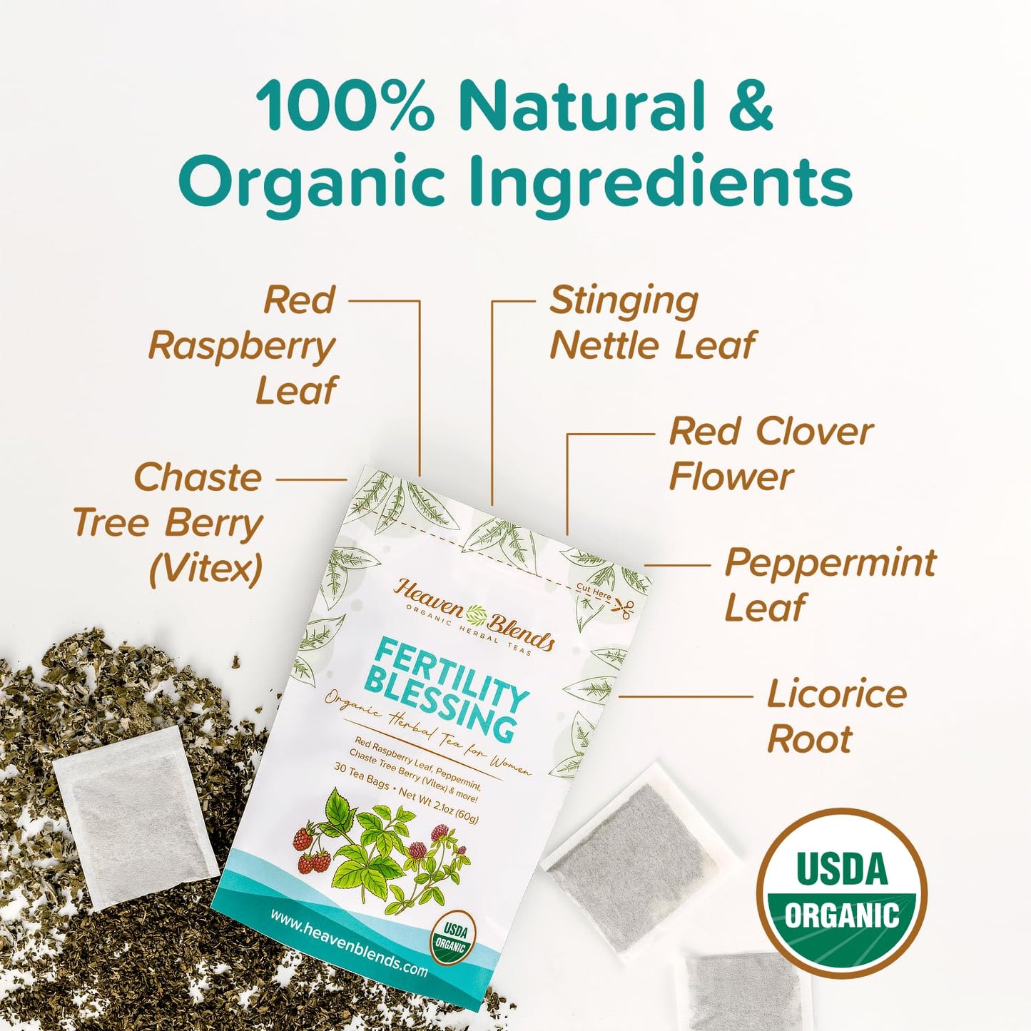 Heaven Blends Fertility Blessing Tea for Women - USDA Organic - Red Raspberry Leaf, Peppermint, Chaste Tree Berry (Vitex), Red Clover, Nettle