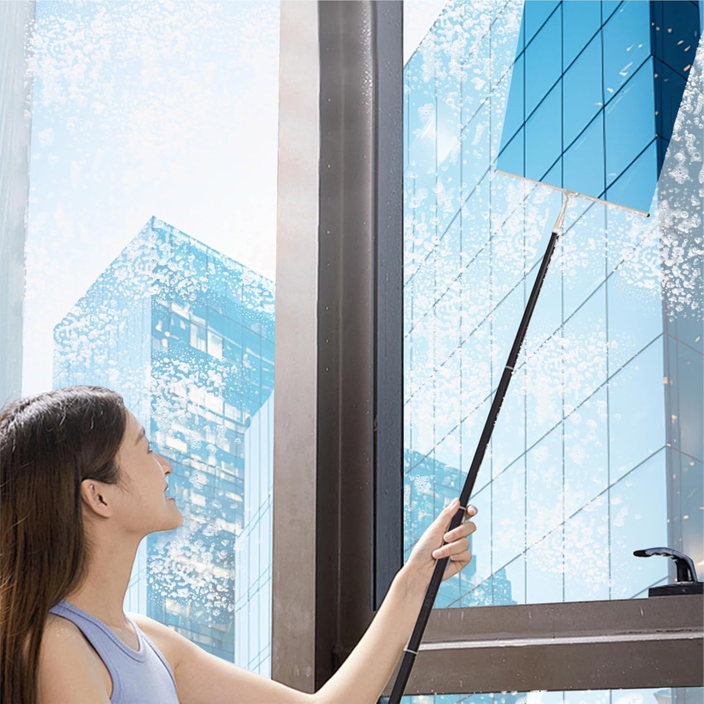 17.3?-60? Extendable Shower Squeegee with Long Handle - Metal Window Squeegee with Extension Pole for Shower Glass, Home High Window, Floors