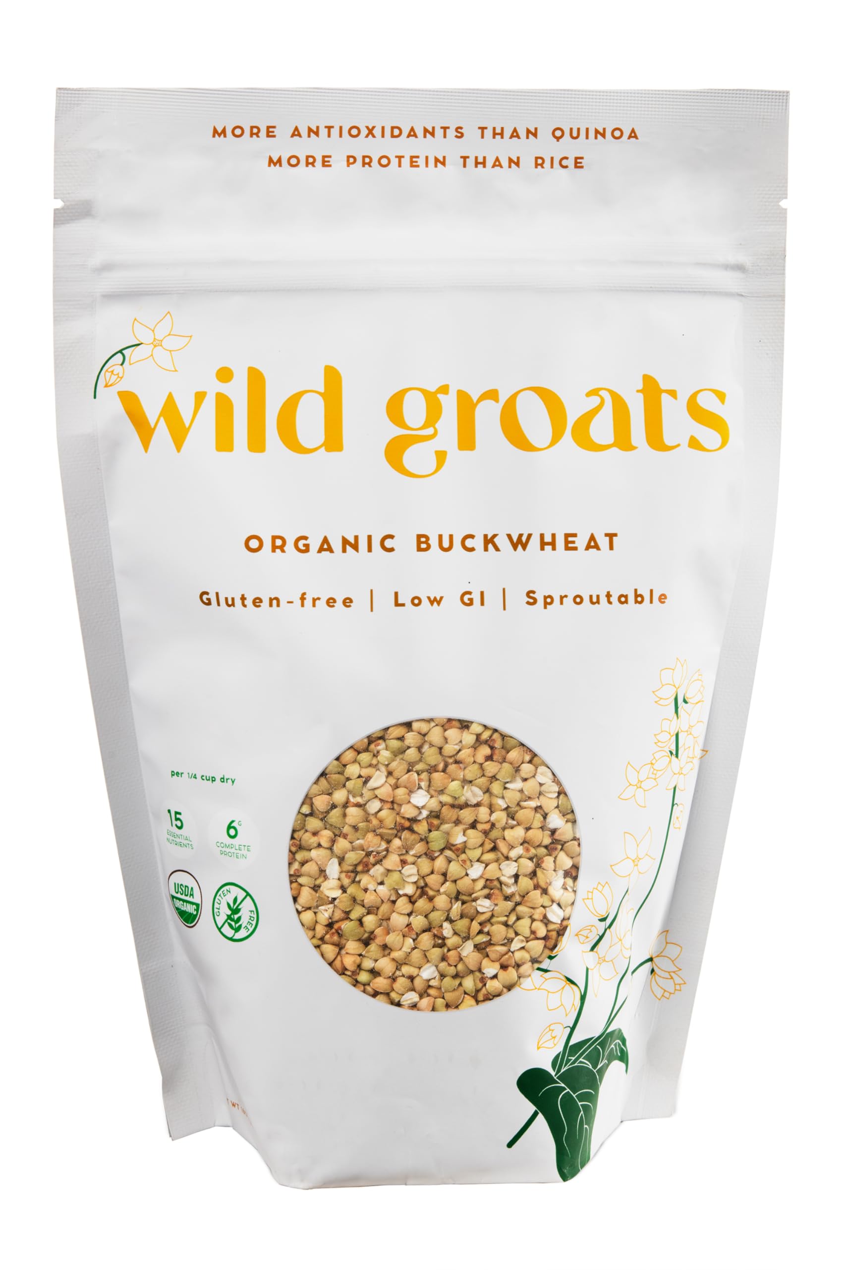 WILD GROATS Organic Raw Buckwheat - Grown in USA, Sproutable Seeds, 16 Oz. Gluten Free, Hulled, Vegan Complete Protein, Whole Grain, Non-GMO | For Sprouting, Flour, Cereal, Porridge, Cooking