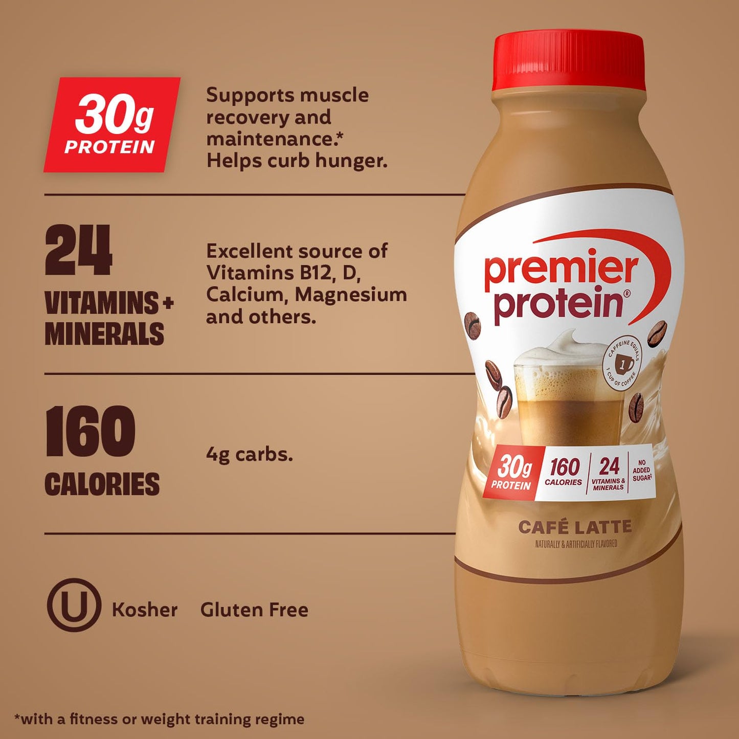 Premier Protein Shake, Café Latte, 30g Protein, No Added Sugar, 24 Vitamins & Minerals to Support Immune Health, 11.5 fl oz, 12 Pack
