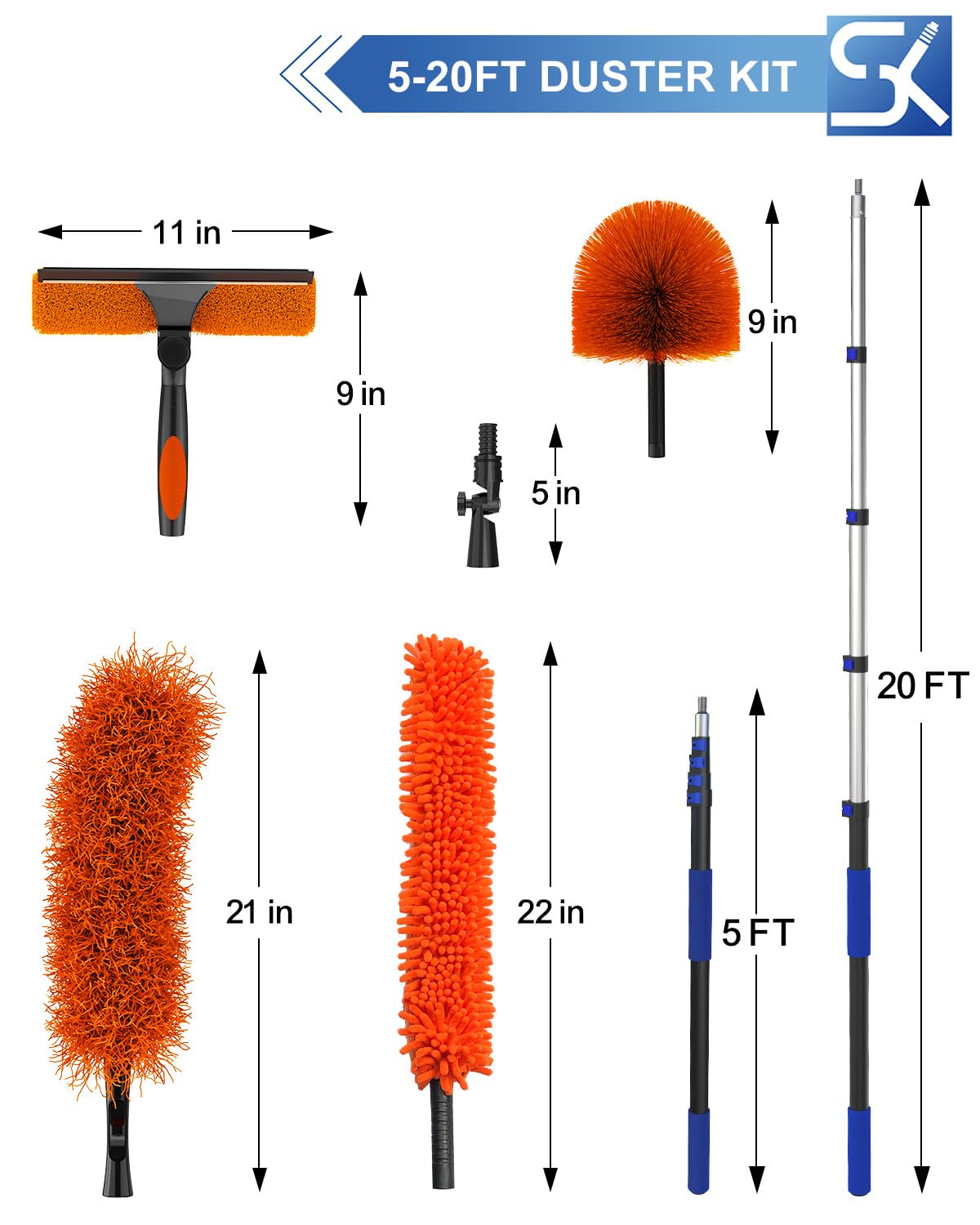 SKGPOLE 26 Foot High Reach Duster Kit with 5-20 ft Telescoping Extension Pole, High Ceiling Duster, Cobweb Duster, Window Squeegee, Feather Duster