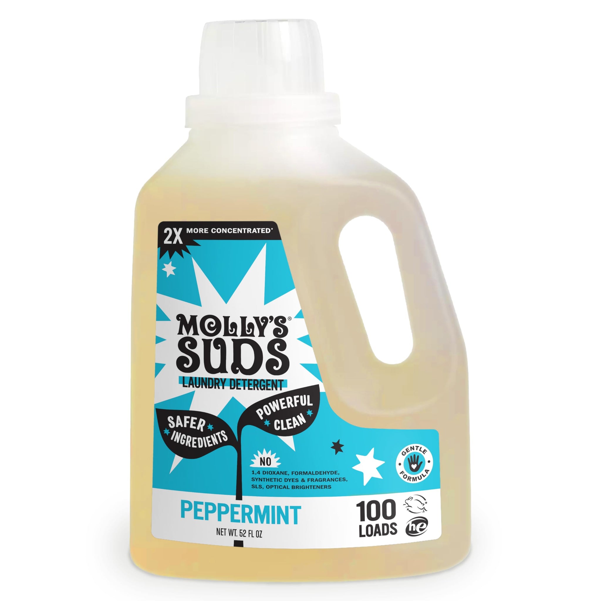 Molly's Suds Liquid Laundry Detergent | Clean Laundry Detergent Soap for Sensitive Skin | 2x Concentrated, High Efficiency (HE) | Peppermint - 100