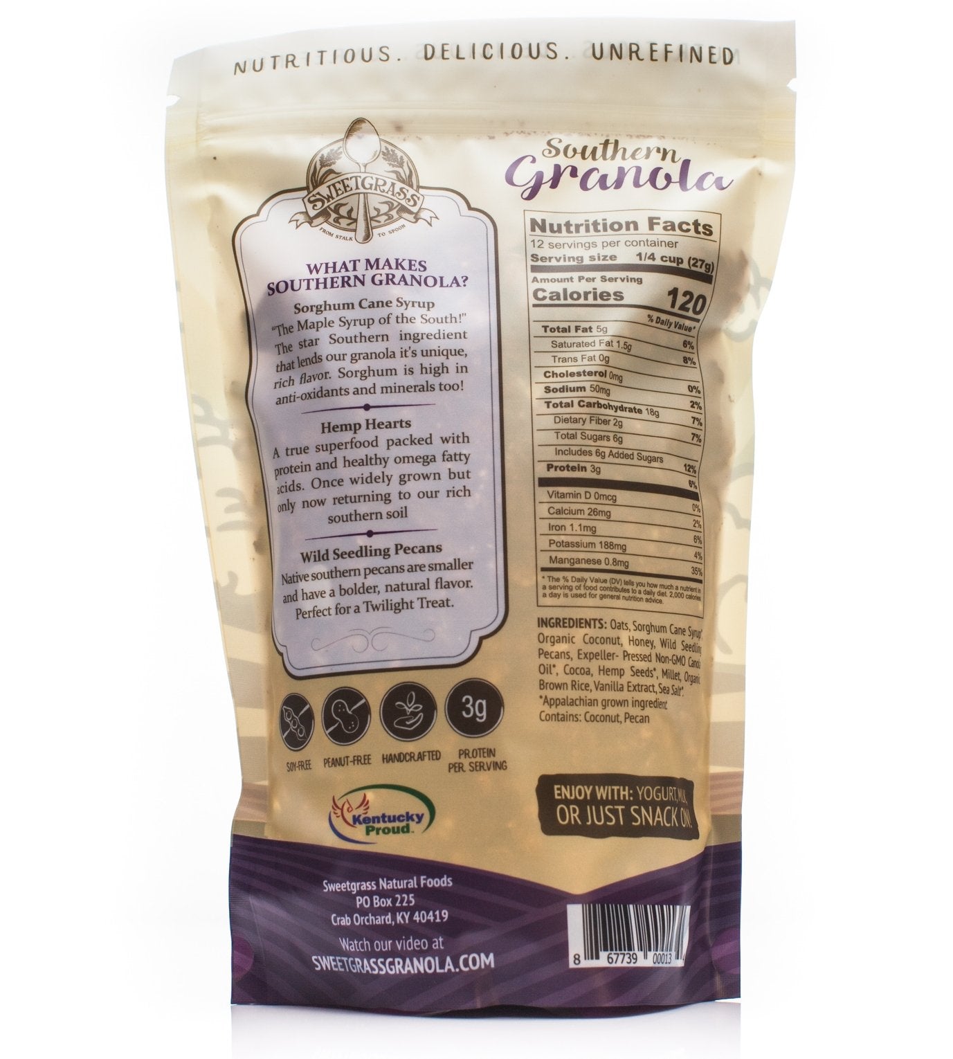 Sweetgrass Southern Granola Non-Gmo, No Refined Sugar, U.S. Hemp "A Unique Taste of the South" 3-Pack (Cocoa & Wild Seedling Pecan)