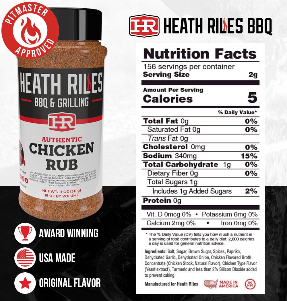 Heath Riles BBQ Rub, Chicken Rub Seasoning, Champion Pitmaster Recipe, Shaker Spice Mix, 11 oz.