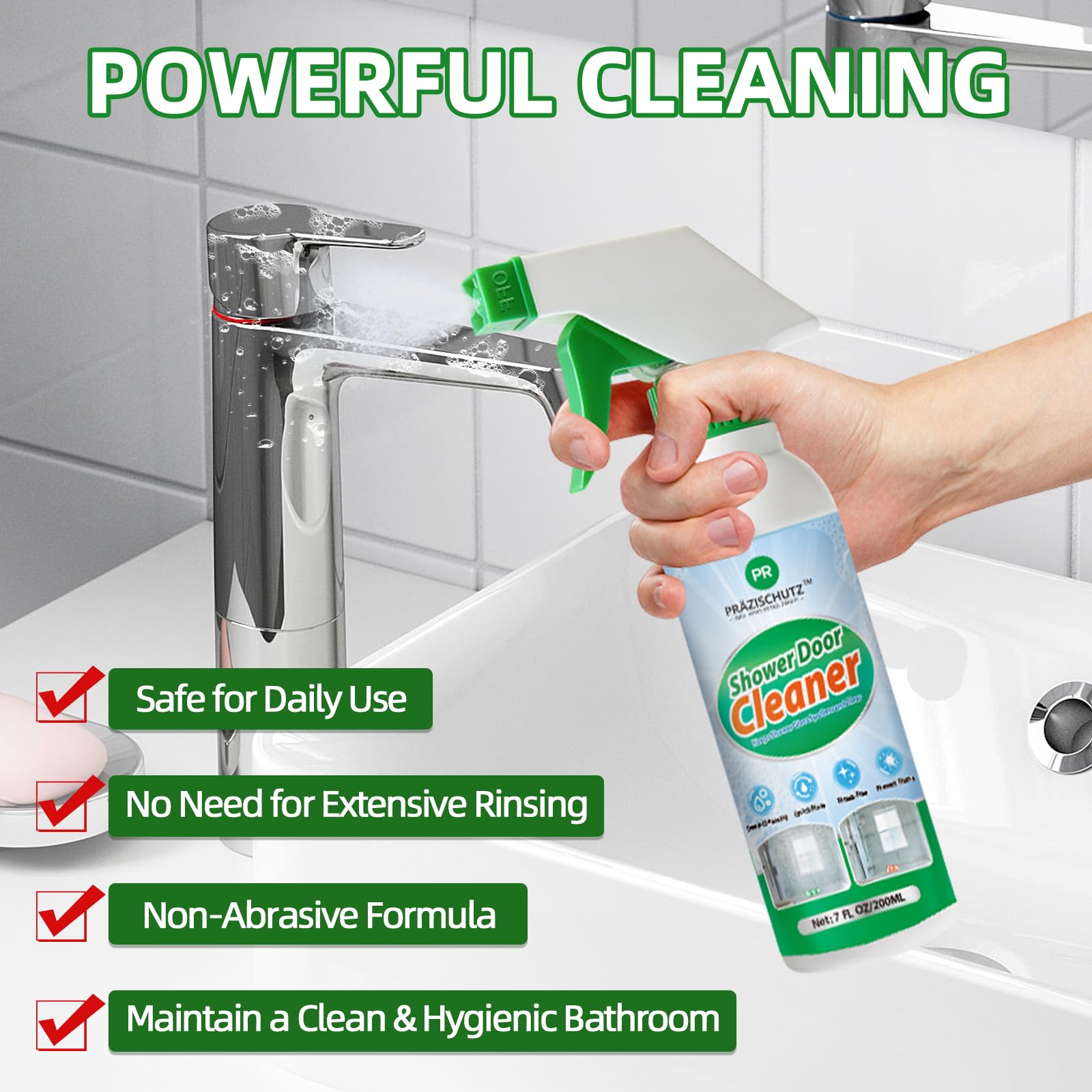 PRAZISCHUTZ Streak-Free Bathroom Glass Cleaner Spray, Instant Shine on Mirrors, Tiles & Shower Doors, Removes Limescale, Soap Scum & Oil Film, No